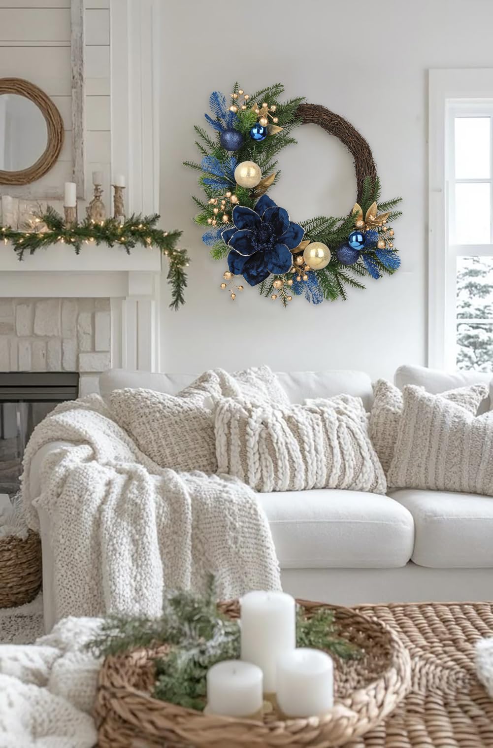 Weihnachtskranz Ø 60,9 cm – Handgefertigte Künstliche Türdekoration mit Kunstblumen, Christbaumkugeln & Tannenzweigen – Luxuriöse Weihnachtsdeko für Innen & Außen, Blau-Gold