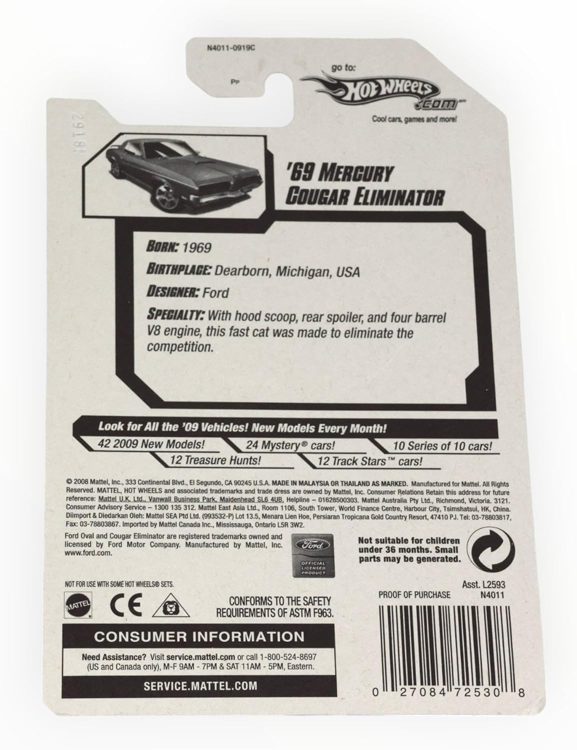 Hot Wheels 2009 New Models Blue '69 Mercury Cougar Eliminator w/ 5SPs #008 1:64 Scale