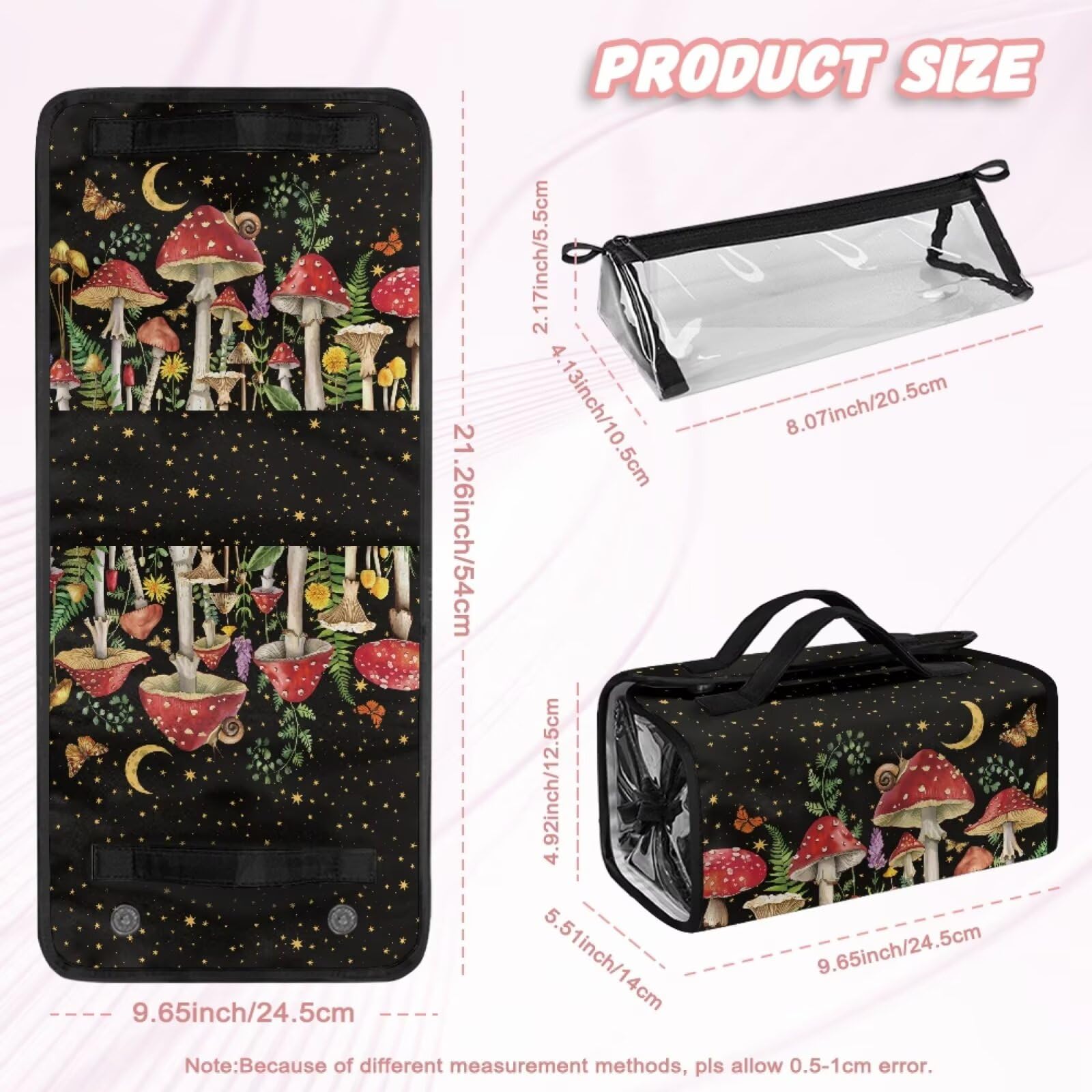 Dngkaoje Mushroom Hanging Toiletry Travel Bag for Women Roll Up Makeup Bag Mushroom Butterfly Print Foldable Toiletry Bag 4-in-1 Foldable Makeup Bag Makeup Brush Holder Organizer Storage Bags - Image 4