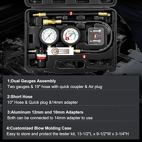 Miniatura 3 de JIFETOR Kit de probador de fugas de cilindro, medidor de presión dual profesional, detector de fugas de compresión del motor, juego de prueba de