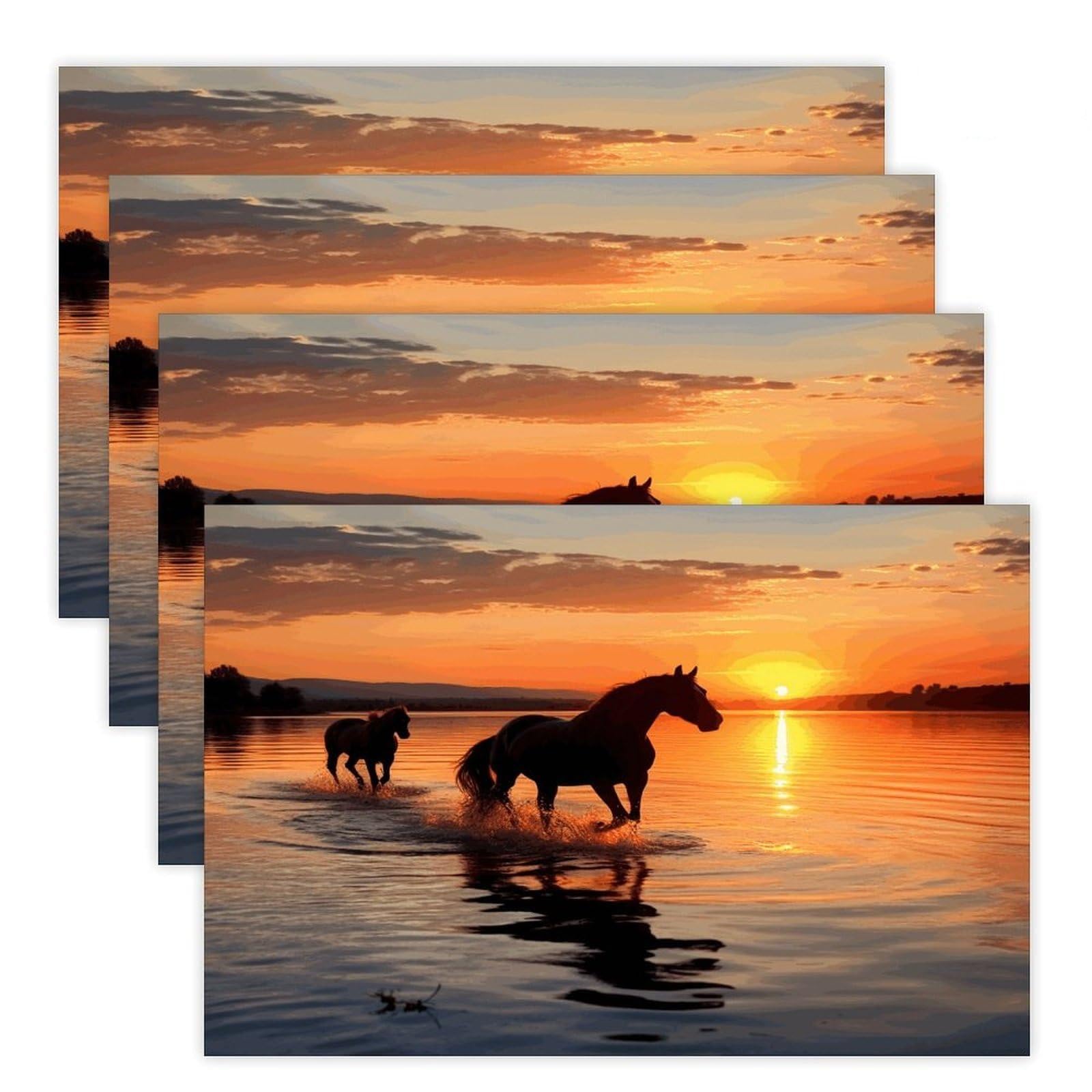 Sunsets Lake Horses Placemats Heat-Resistant Washable Place Mats Anti Slip Dining Table Place Mats Wipeable Dining Table Mats Kitchen Decoration Placemats 17.7’’×11.8’’