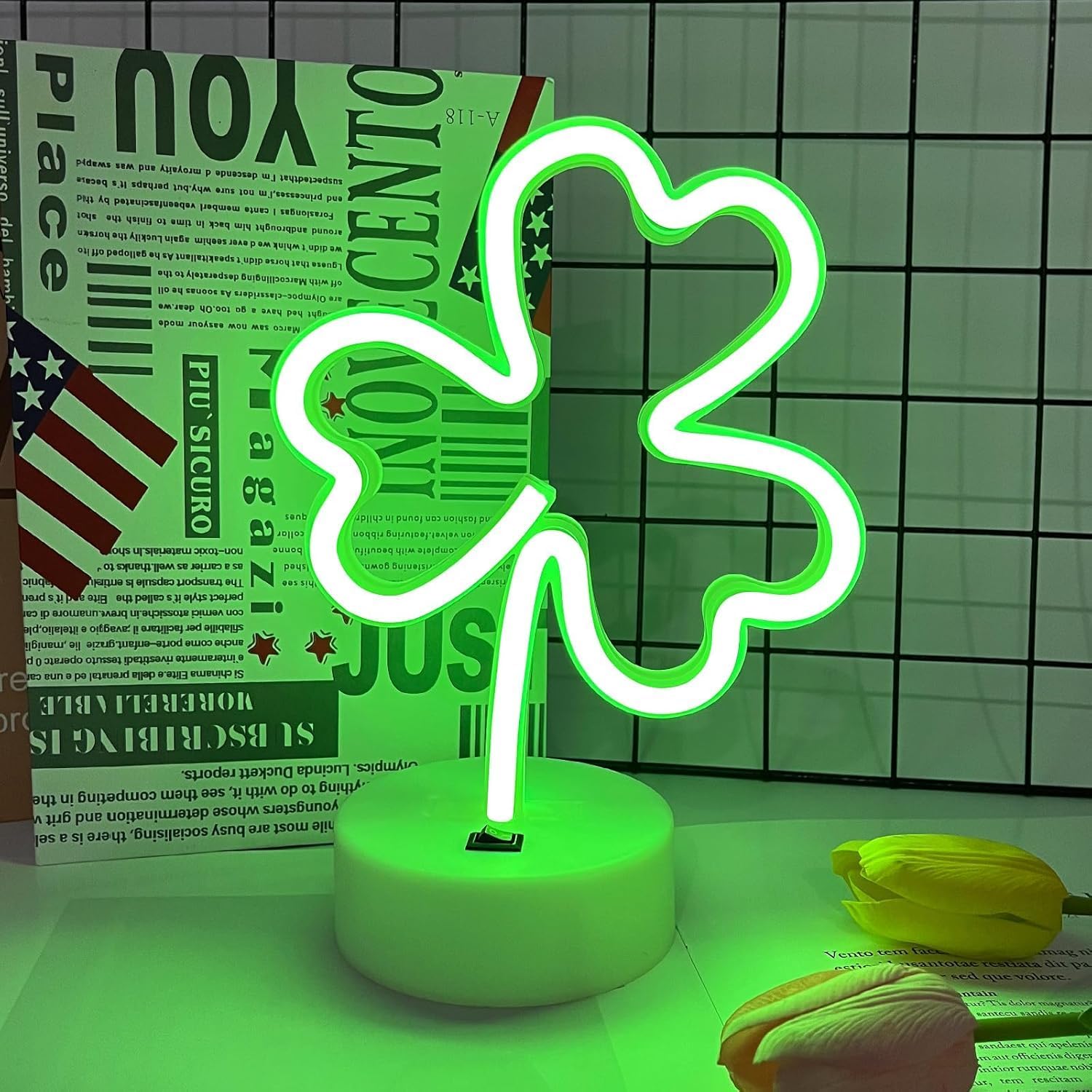 Shamrock Neon Sign, St. Patrick's Day Decorations with USB/Battery Powered, LED Clover Lucky Green Neon Lights for Man Cave Bar Pub Home Party Room Wall Decor (Shamrock With Holder Base, 2 Shamrock)
