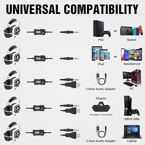 Miniatura 5 de BENGOO G9700 - Auriculares para juegos para PS4, PS5, Xbox One, control de PC, cancelación de ruido con micrófono, luz LED blanca, sonido envolvente