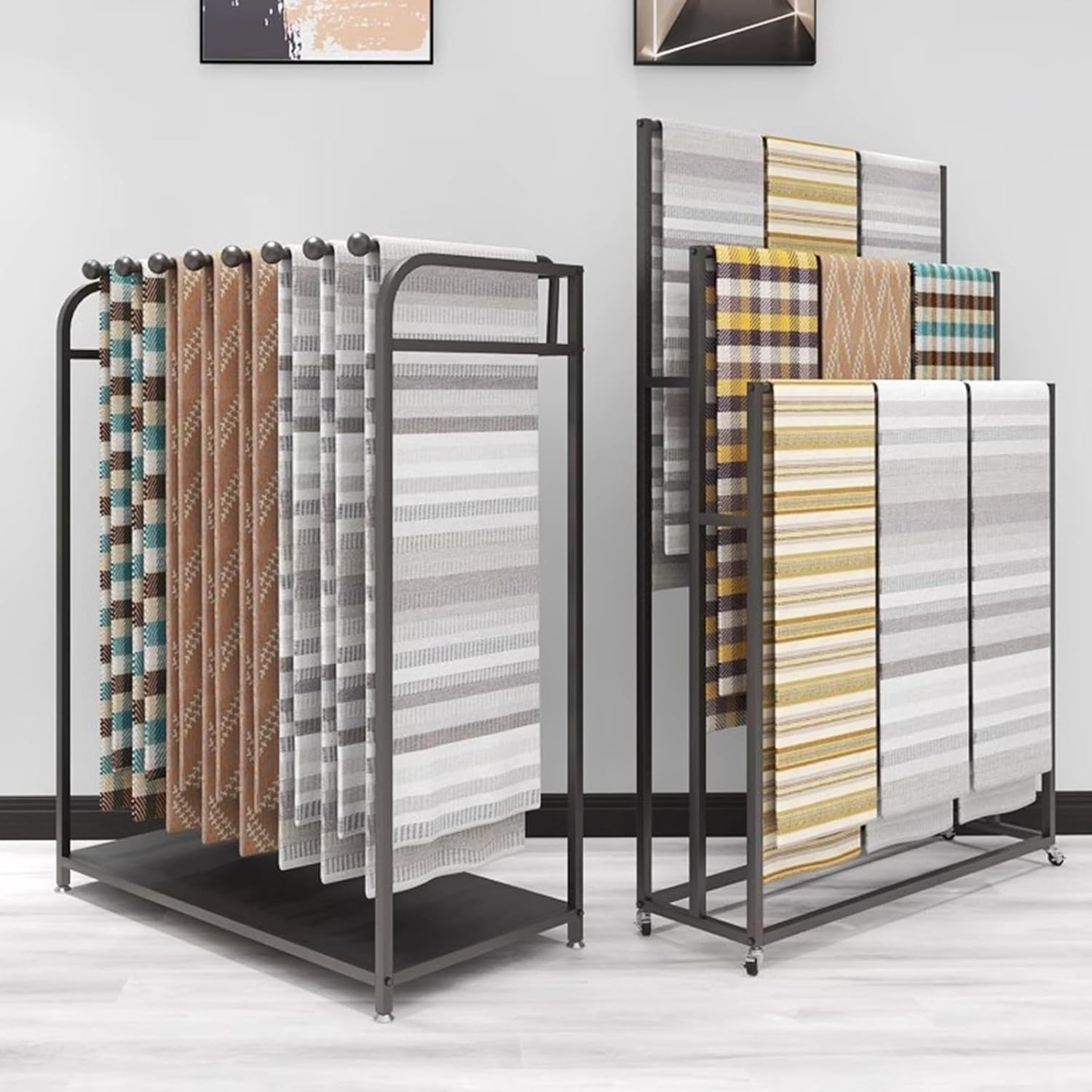 Commercial Quilt Display Holders for Retail Store, Floor Storage Rack for Blanket/Towel/Scarf/Shawls/Ties, Metal Iron Frame and Removable Swivel Bar (Color : Black, Size : 120x50x135cm)