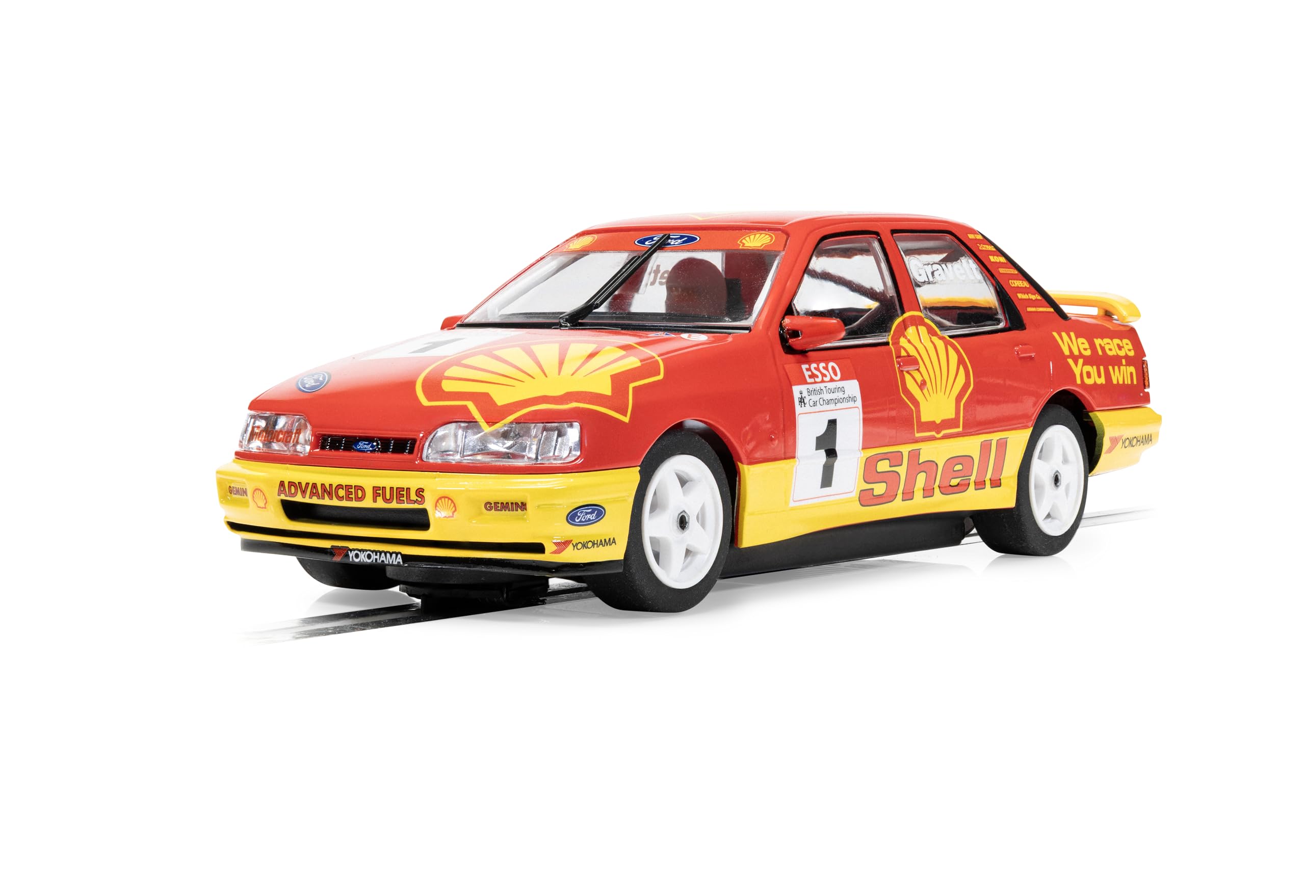Scalextric C4632 Ford Sierra Sapphire Slot Car, BTCC 1990 Rob Gravett, Escala 1:32, Livera roja y Amarilla, con Luces y magnatracción