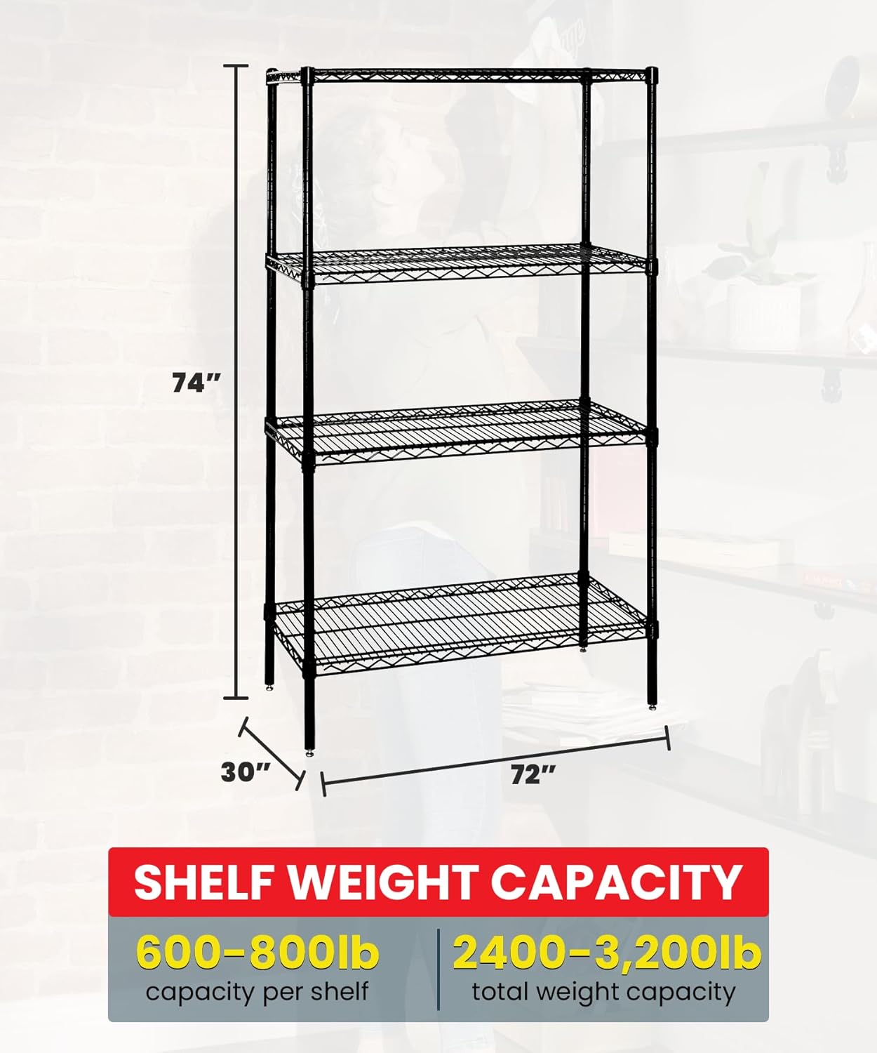 Quantum Storage Systems WR74-3072BK Wire Shelving Starter Kit, 72" W x 30" D x 74" H, 600 lbs Capacity, Carbon Steel, Epoxy Coated, Black, NSF