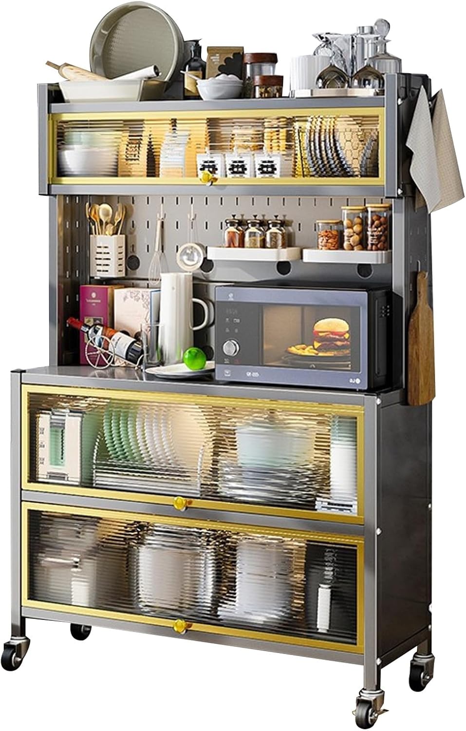 Microwave Stand & Kitchen Storage Cabinet, Flip Door Coffee Bar & Bakers Rack with Dust-Proof Door, Rolling Cart for Dining Room & Living Room (72cm)