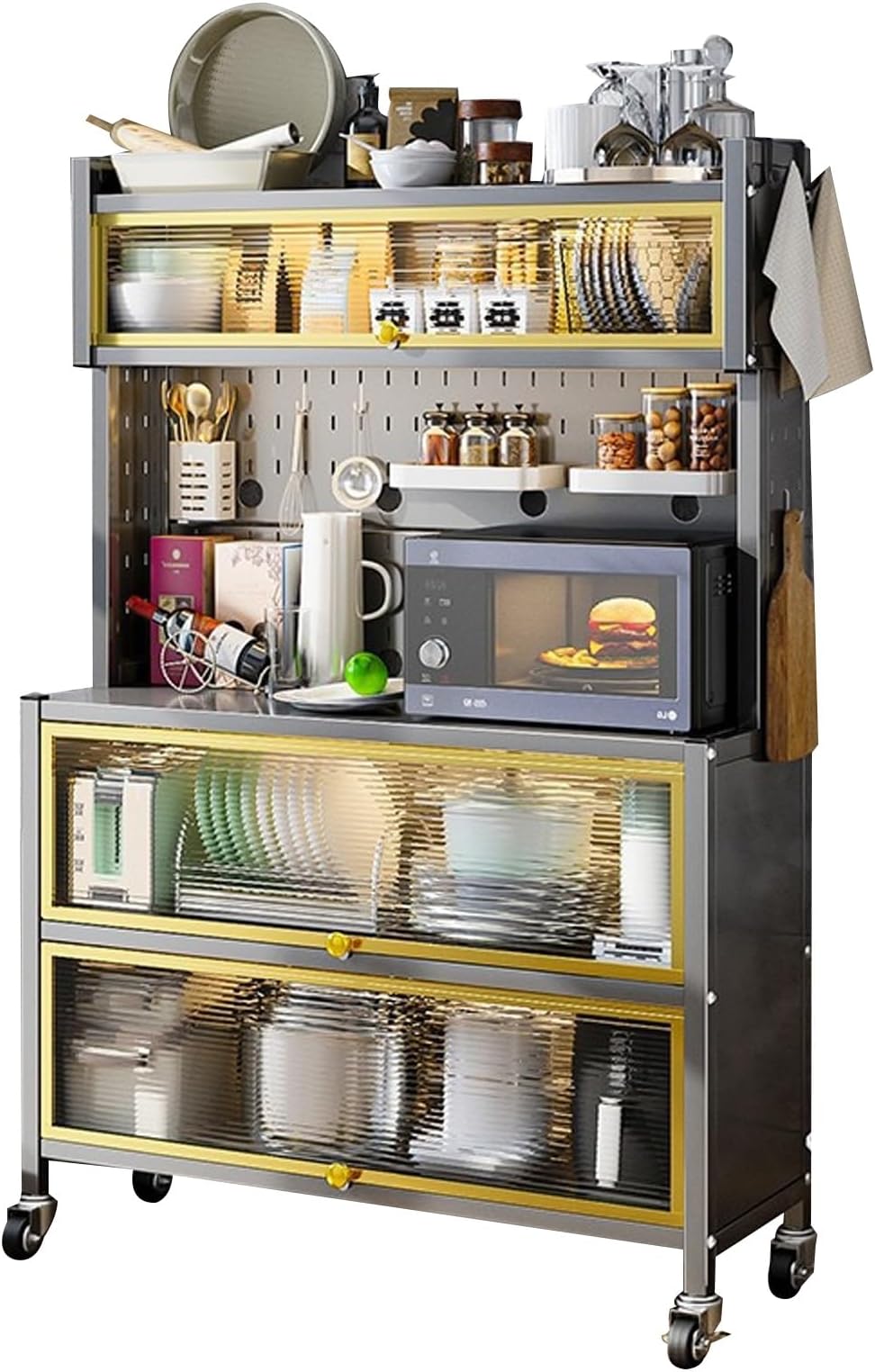Microwave Stand & Kitchen Storage Cabinet Rolling Coffee Bar & Bakers Rack with DustProof Flip Door Mobile Kitchen Cart for Dining & Living Room (72cm)