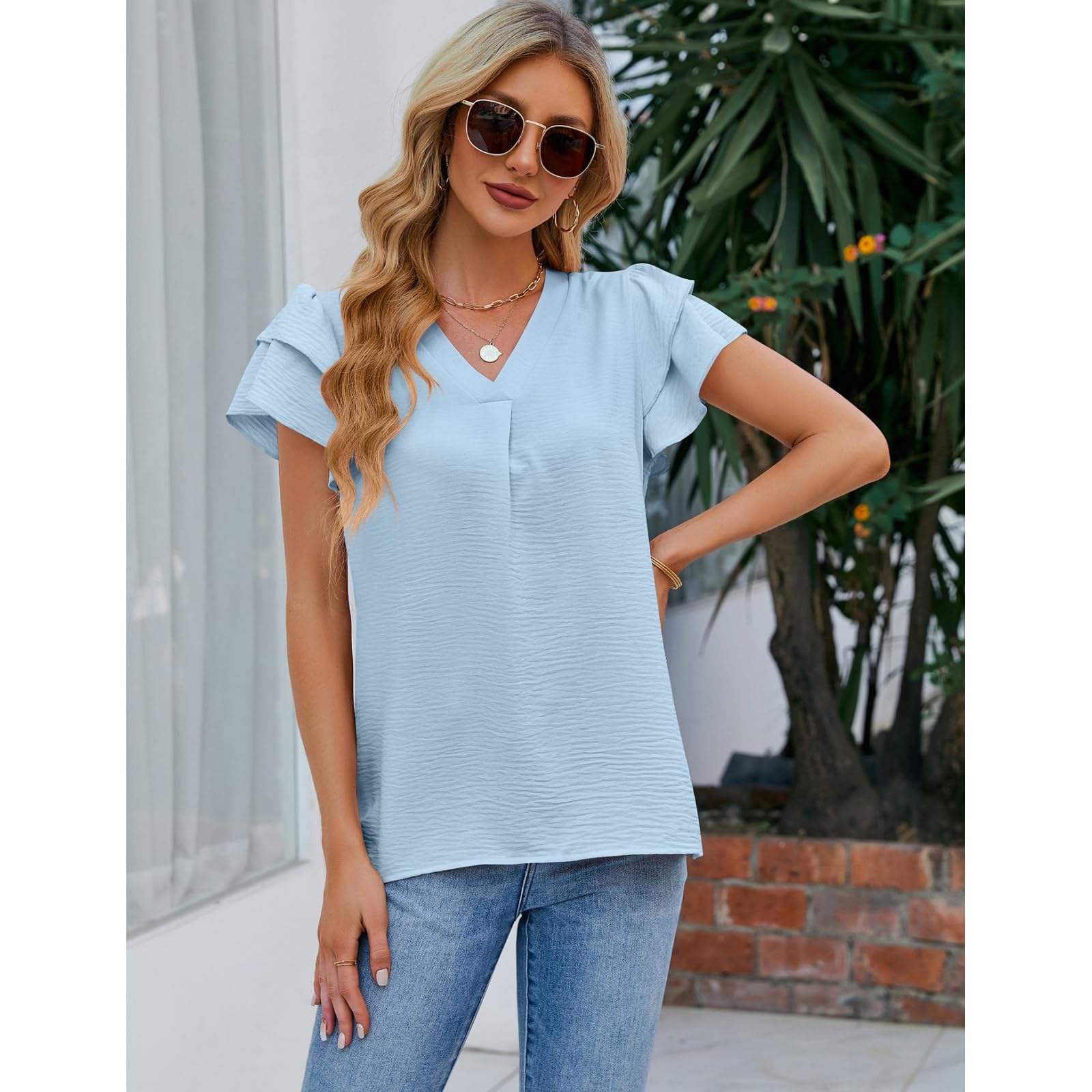 Maniche Lunghe da Donna Camicetta Estiva A Corte in Chiffon con Scollo V E Volant-Nero-m