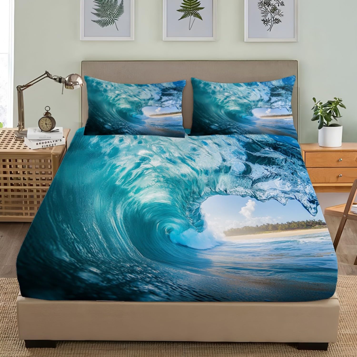 Motif de Vagues DéChaîNéEs Respirant Drap Housse 200x200 cm Bleu Clair Drap-Housse en Microfibre, Drap Plat 2 Personnes, Parure de Lit avec 2 Taie d'oreillers pour Matelas Épais