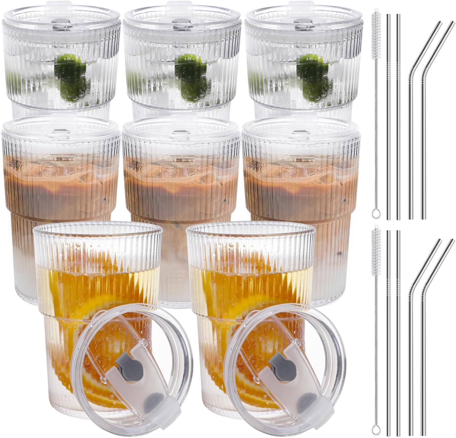 16 OZ Reusable Iced Coffee Cups with Lids and Straws, Unbreakable Plastic Drinking Glasses for Iced Tea, Juice, Water, BPA Free, Dishwasher Safe, Set of 8