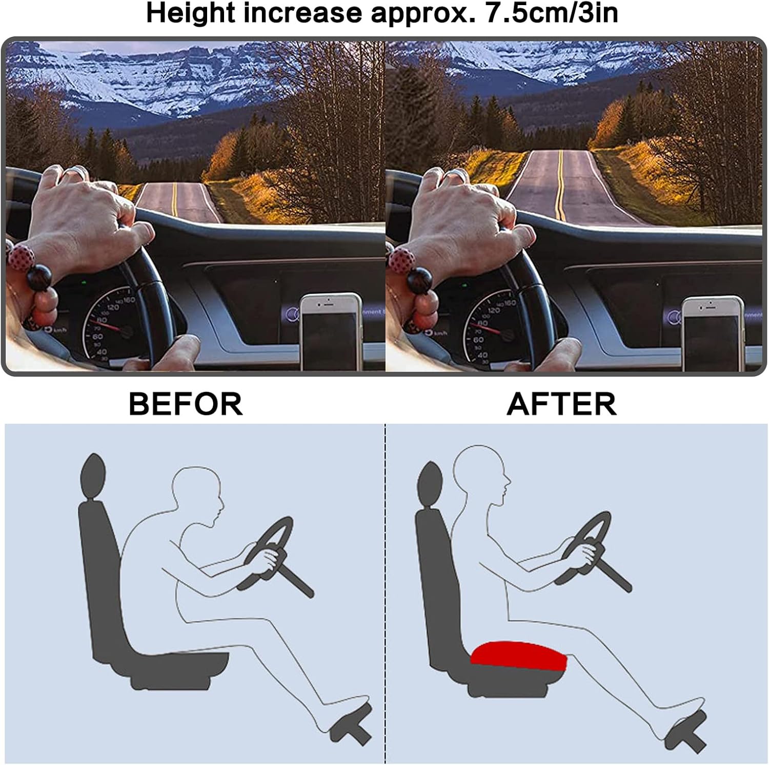 Car Seat Cushion, Portable Car Booster Cushion, Adult Car Booster Seat for Office, Home, Effectively Increase The Field of View by 7.5cm/ 3in,Grey