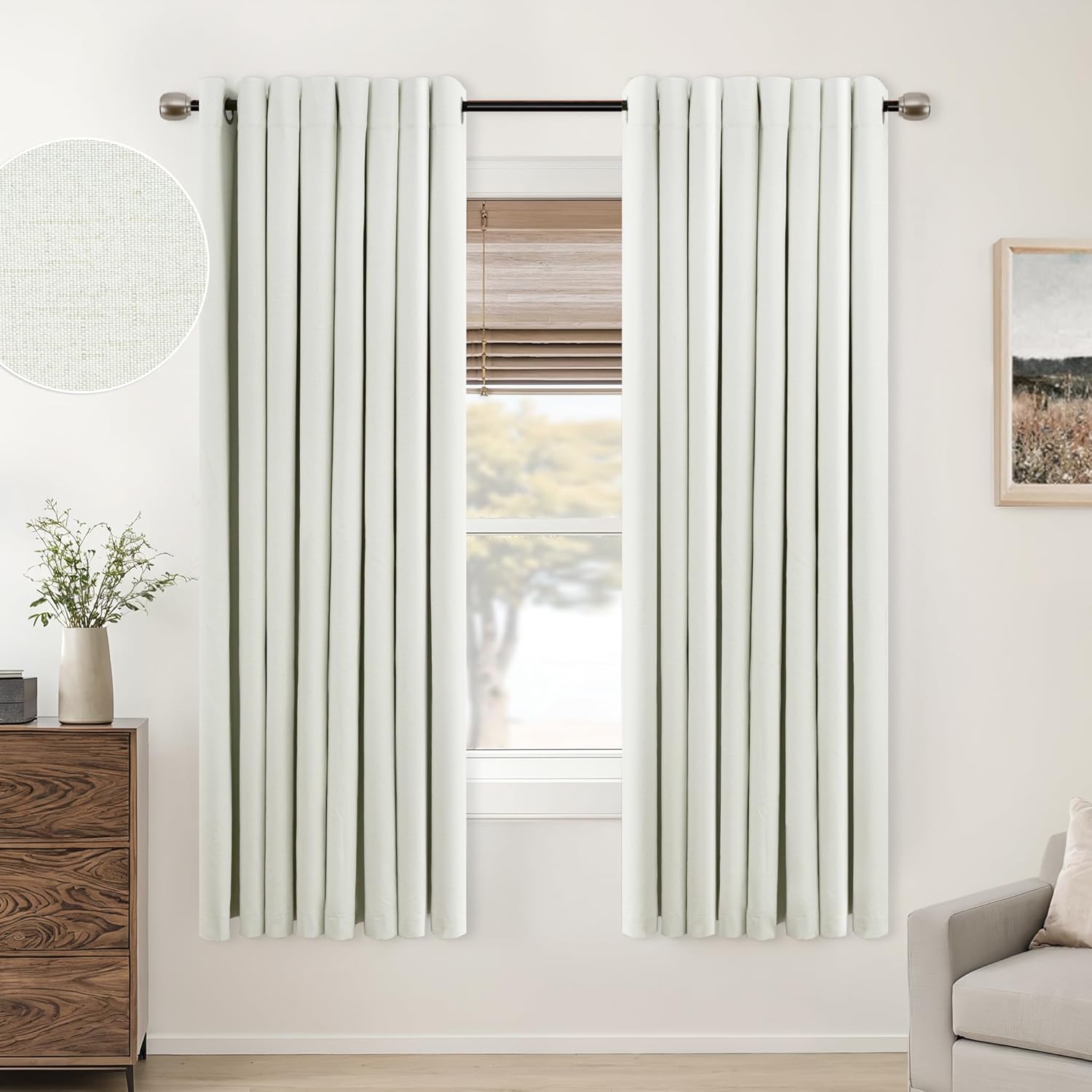 Mrs.Naturall Ivory Grommet Linen Blackout Curtains for Living Room 52x63 Inches Long 52"W x 63"L (Pack of 2) Ivory