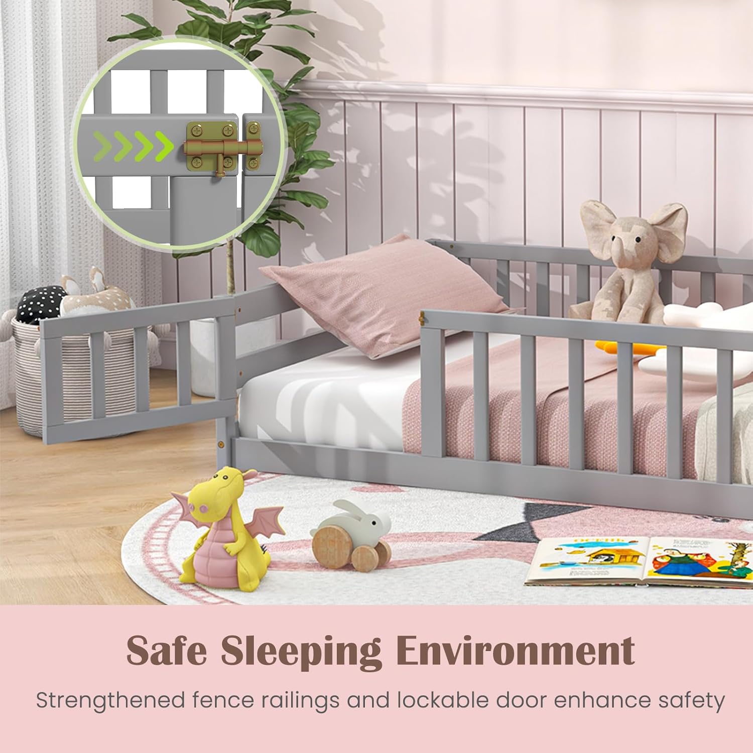 Giantex Twin Floor Bed with Fence for Kids, Wood Montessori Frame with Door and Safety Guardrails, Floor Bed for Kids, Boys, Girls, No Box Spring Needed, Without Wood Slats(Grey)