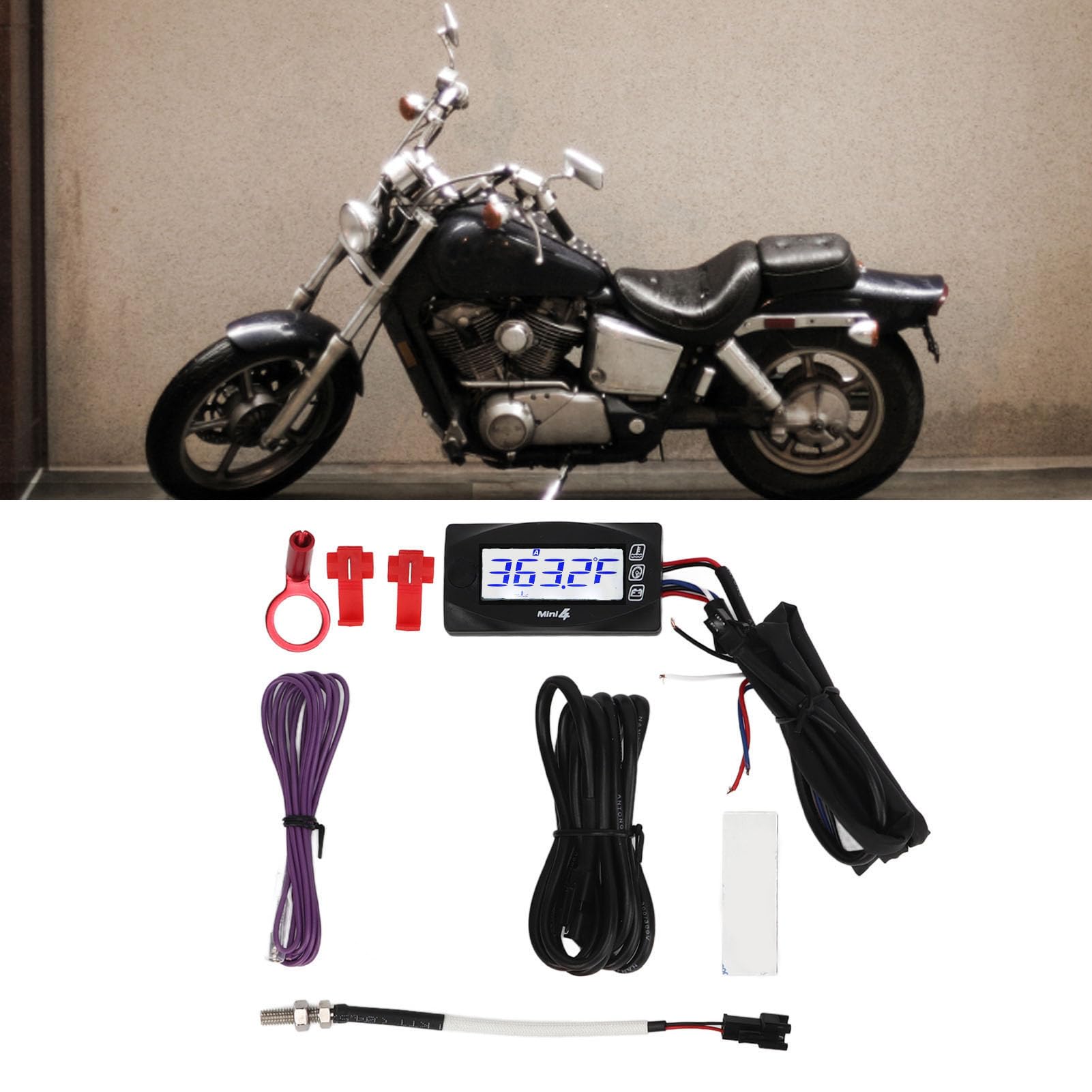 Digitales Motorrad-Thermometer, Motorrad-Thermometer Digital Moto Zylinderkopftemperatur Spannung Zeit RPM 4 in 1 Meter DC12V mit Zündkerze (10 mm)