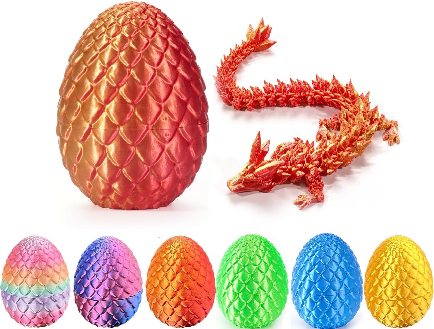 3D Printed Dragon Egg, 3D Printer Articulated Crystal Dragon Fidget Toy for Teen Boy Kid, Easter Mythical Pieces Dragon in Egg, Dinosaur Eggs Toy(Red Gold)