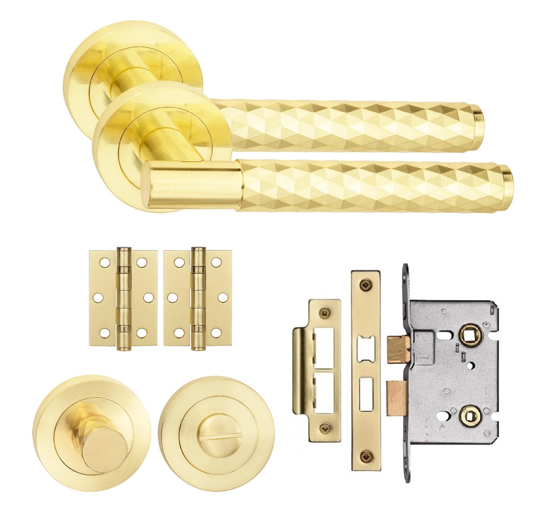Golden Grace Satin Brass Knurled Diamond Cut T-Bar Bathroom Door Handle Set Thumbturn And Mortise Lock Bb Hinges