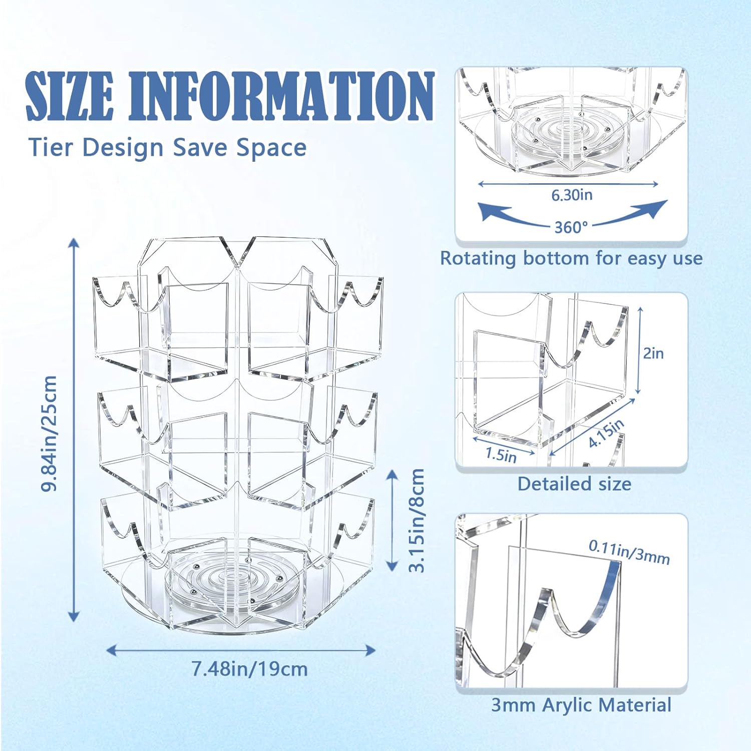 Spinning Sticker Display Stand for Vendors, Acrylic Clear 360° Rotating Sticker Card Holder for Retail, No Assembly Required 3 Tier 9 Pockets Business Card Organizer Rack for Tabletop Office Home Desk