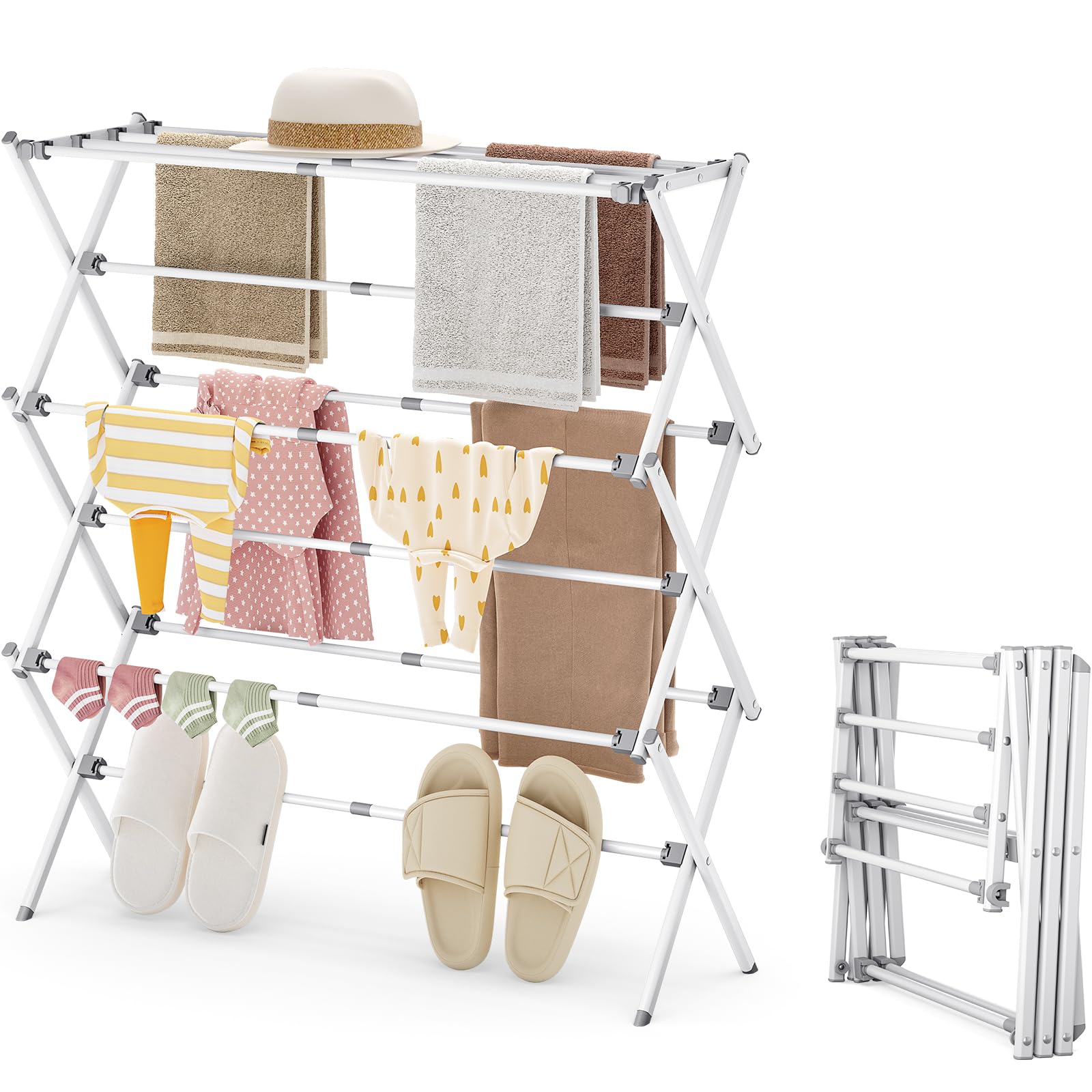 APEXCHASER Drying Rack Clothing - 3 Tier Metal Collapsible Clothes Drying Rack for Clothes, Towels - Indoor/Outdoor/Laundry Room (White)