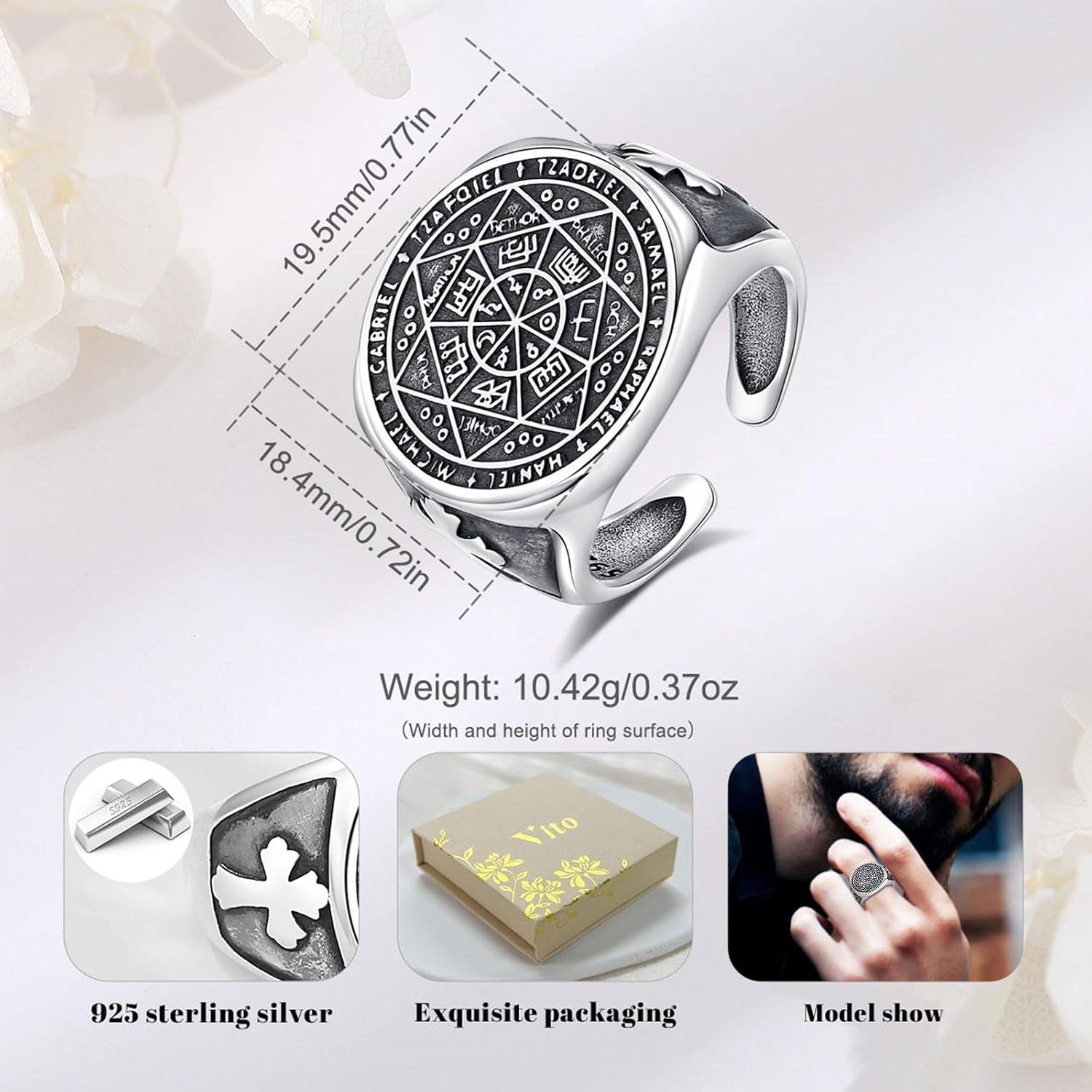 Vito 925 Sterling Silver Adjustable Band Ring for Women Men, Seven Archangels Band Ring St Benedict Evil Eye Hecate Triple Moon Goddess Rings Vintage Jewelry