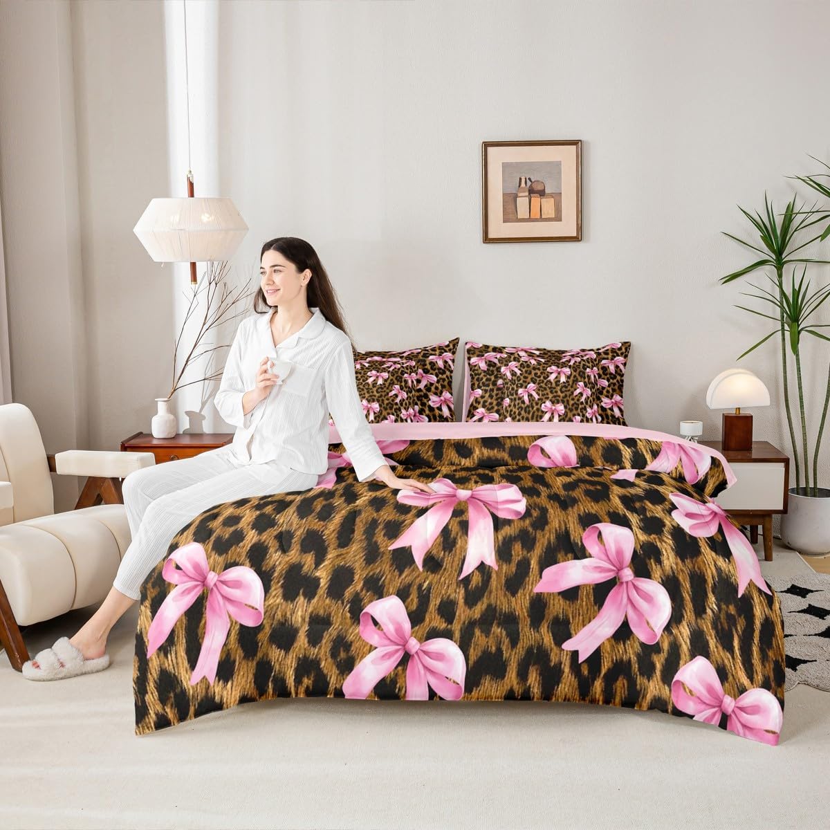Castle Fairy Bowknot Leopard Bed in a Bag Comforter Set,Girly Princess Pink Bow Full Size 7 Pieces for Kids Teens,Cheetah Fur Print Bedding Set with Comforter, Sheet Set, Pillowcases, Pillow Covers