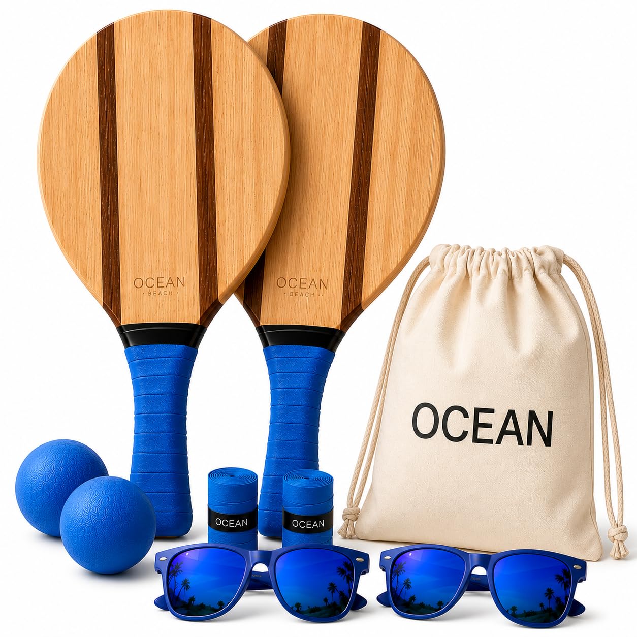 Ocean Pádel Premium-Set aus Holz-Strandschlägern, 2 Frescobol-/Beach-Tennis-Schläger mit 2 Bällen, Tragetasche und 2 Sonnenbrillen, Blauer Griff