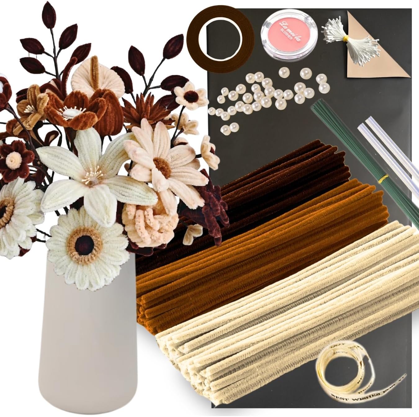 Vintage Pipe Cleaner Kit with 200 Pcs Pipe Cleaners Colourful in 3 Colours(Dark Coffee,Light Brown,Skin Color),10 Pcs Craft Wire,40 Pearls,40 Stamen,Brown Tape,Floral Paper and Ribbon