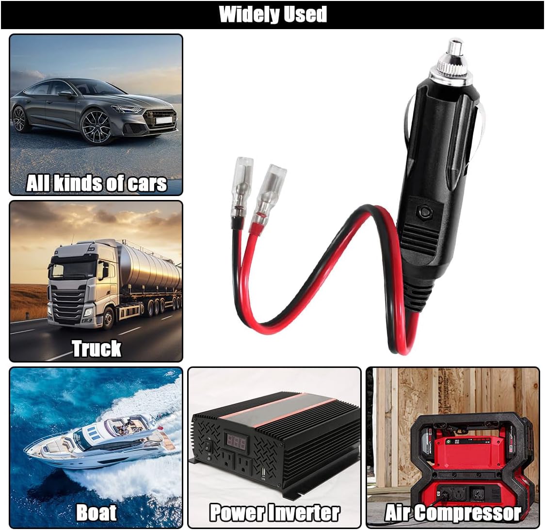 12V Replacement Cigarette Lighter Male Plug with Leads & LED Light - 16AWG Car Male Cigarette Lighter Socket Connector Cigar Plugs Power Adapter DC Battery Charger Kit 15A Fuse Heavy Duty Cord (1PC)