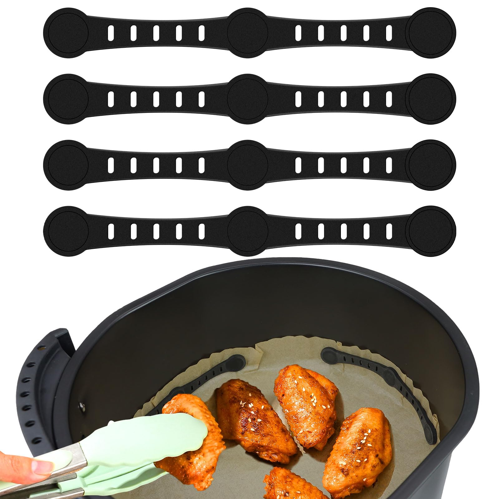 Bcautay Silikon Magnete Schnalle für Heißluftfritteuse, Magnete für Airfryer Backpapier, für Heißluftfritteuse Verhindern Backpapier Liner Von Der Abdeckung Von Lebensmitteln (Schwarz*4)