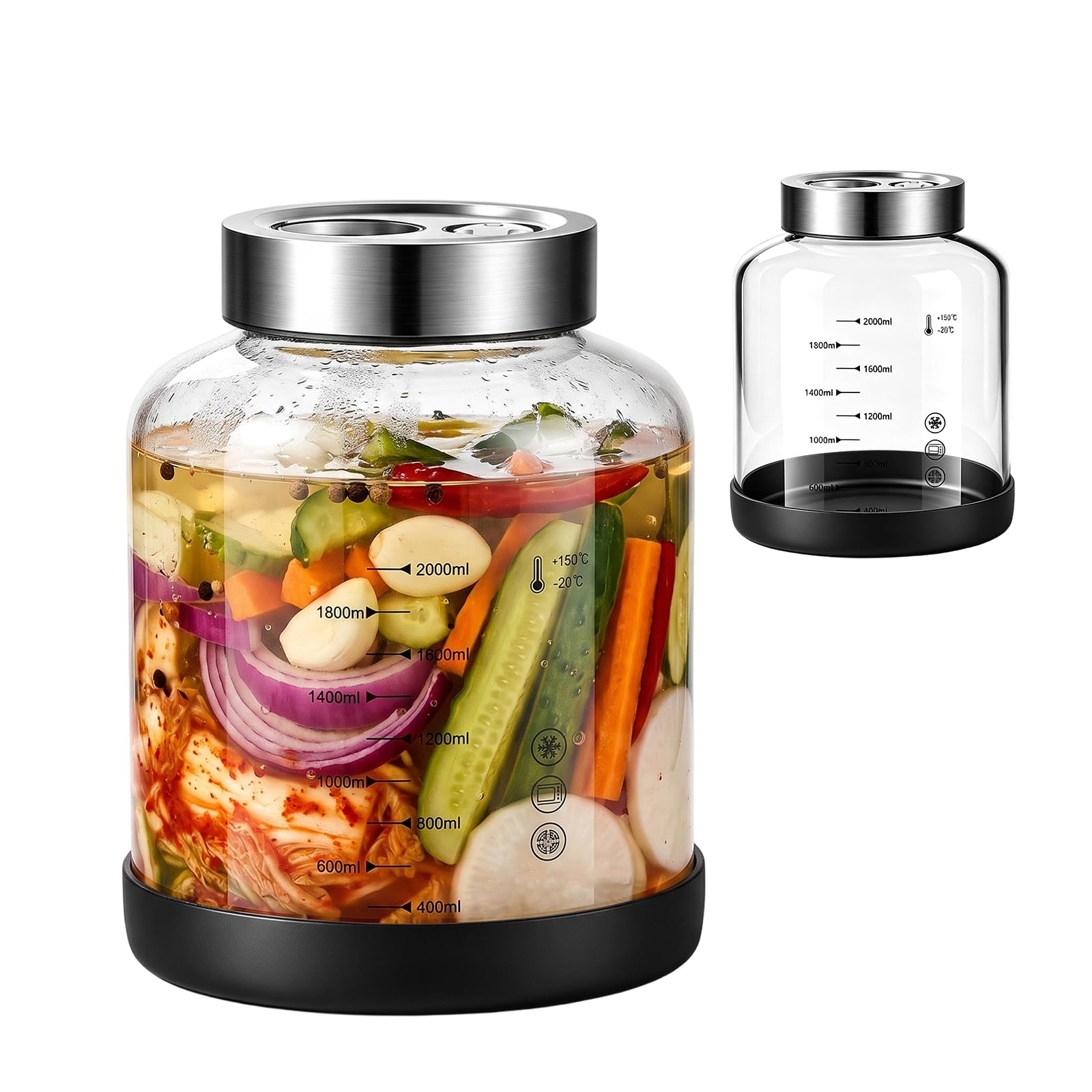 Umllpet Fermentierglas 2L mit Deckel und Gärventil, Borosilikatglas Gärglas mit Skala, Einmachglas für Fermentation, Kefir Glas, Kimchi Behälter, Sauerkraut Fermentationsglas für Gurken und Sauerteig