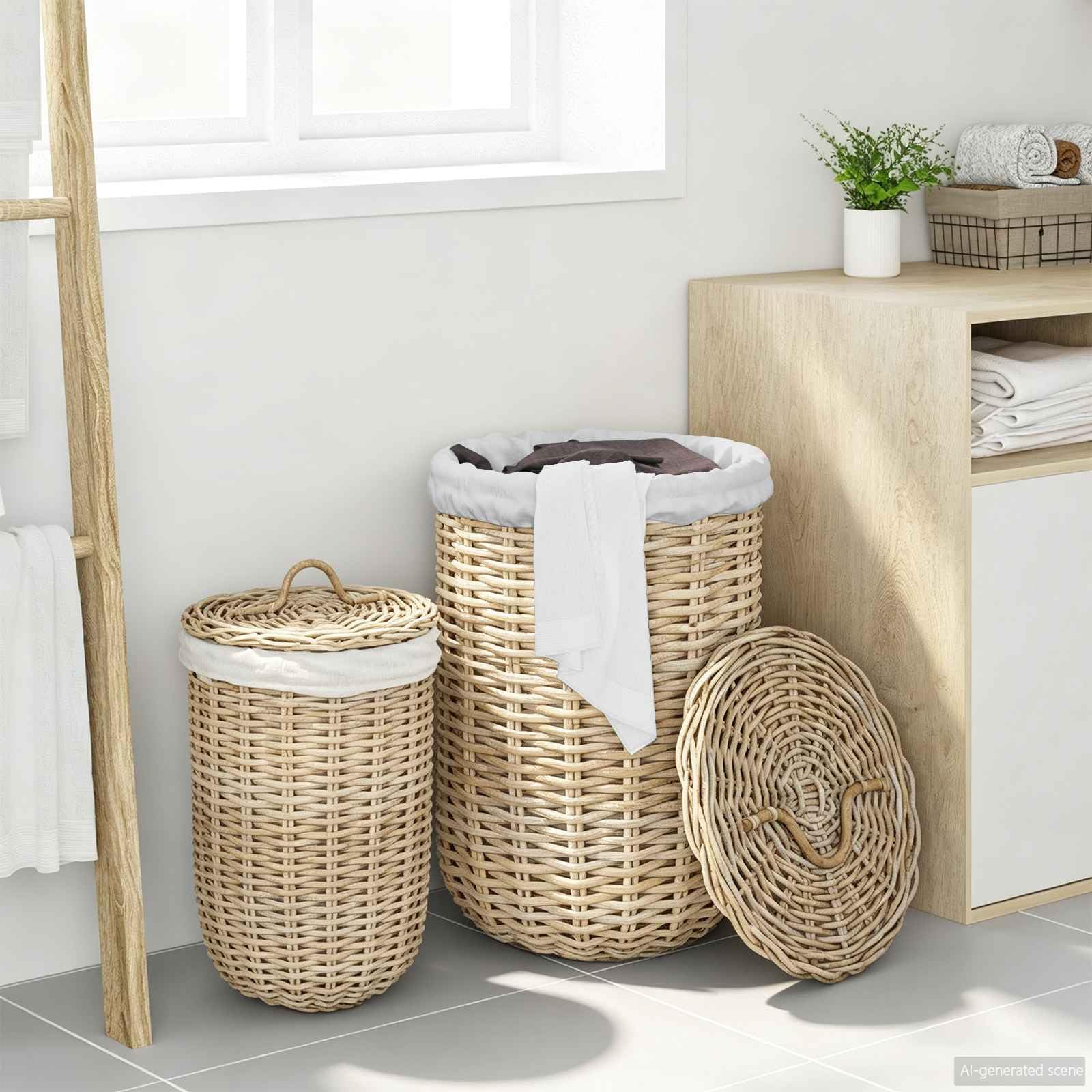 Wäschekorb Mit Deckel 2 Stück Kubu Rattan Grau | Zylindrisch, 42x60 cm und 30x45 cm, Innenfutter aus Belacu-Stoff, für Schlafzimmer und Wohnzimmer