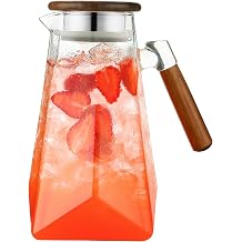 Jug 1.8L Glass Pitcher with Wooden Lid and Handle, Borosilicate Glass Water Pitcher with Lid for Water, Iced Tea, Juice, Lemonade and Cold Brew