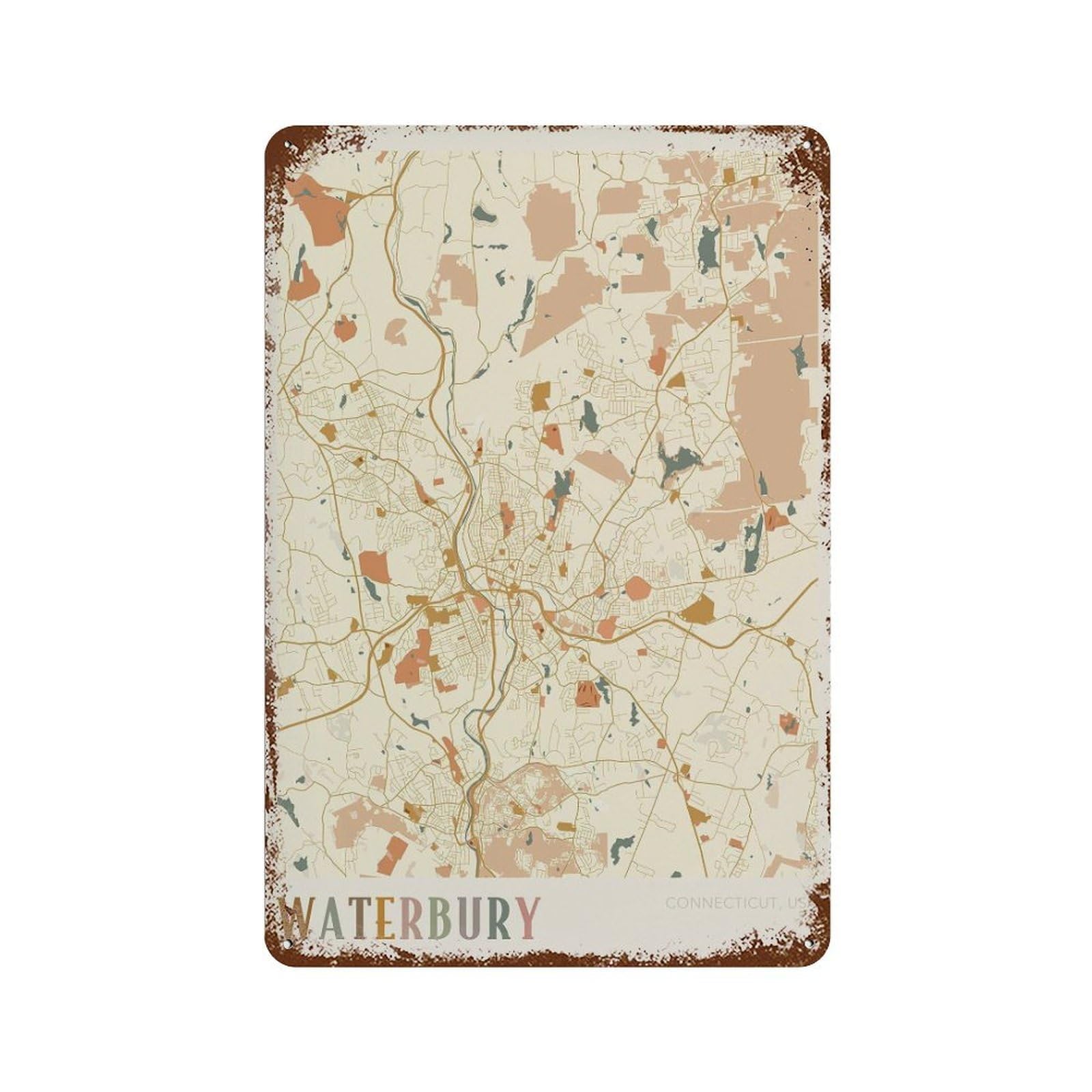 xiaoxiaoshen Waterbury Map Connecticut Travel Gift Boho Office Decor Wall Decor Art Metal Tin Poster Modern Home Decor Art Home Bar Shop Decorations Vintage Sign 30x20cm