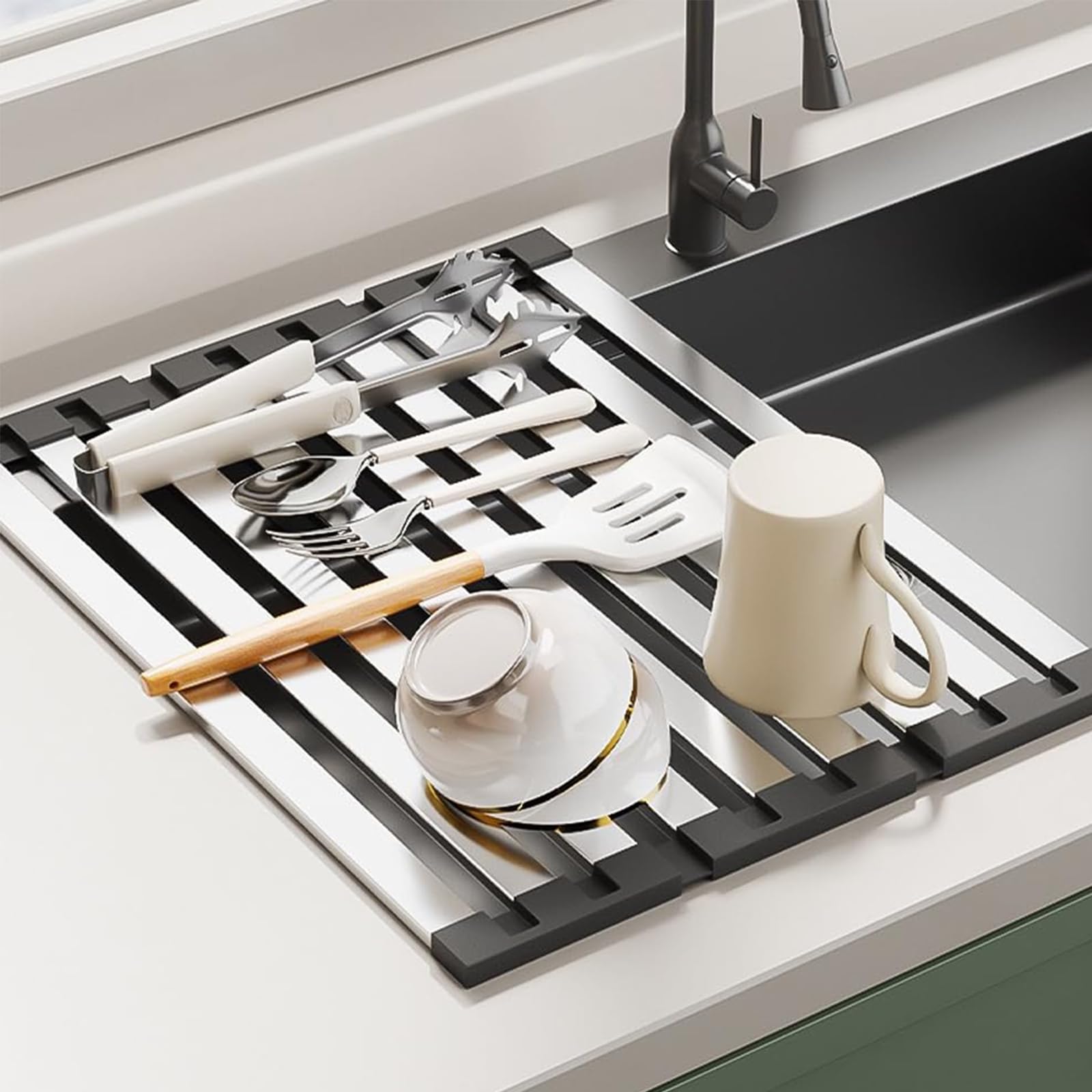 Escurreplatos plegable para fregadero con cesta, 45 x 32,5 cm