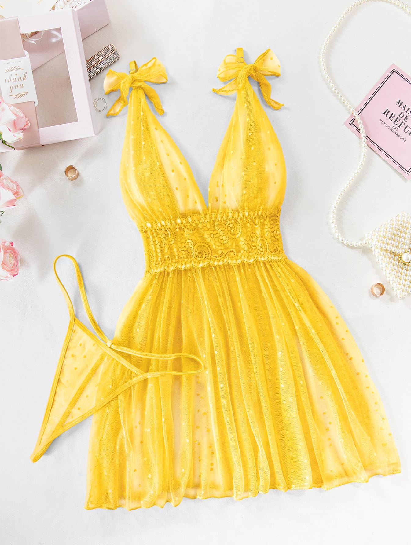 Lilosy Sexy Polka Dots Mesh Sheer Lace Babydoll Chemise Lingerie Set Floral Sleep Wear