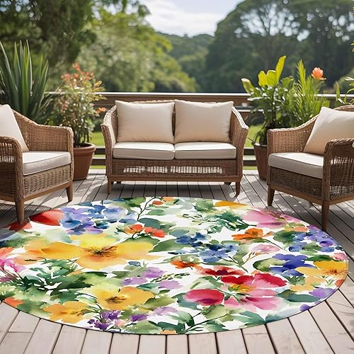 Miniatura 5 de 8ft Round Rug, Green Yellow Floral Non-Skid Rubber Backing Large Area Rugs - Living Room Bedroom Home Office, Purple Blue Watercolor Retro Leaf