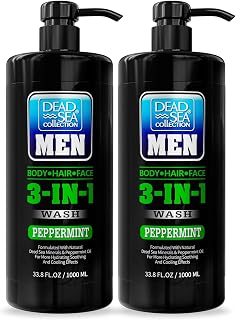 Dead Sea Collection Mens Body Wash 3 in 1 – Peppermint Body Wash for Men – Shower Gel – Shampoo – Shower Soap for Face and Hair – Pack of 2 Bottles (33.8 Fl. Oz. Each)
