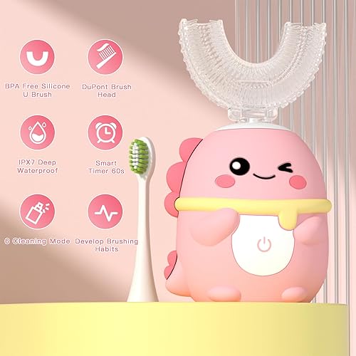 Miniatura 6 de Cepillo de dientes eléctrico en forma de U para niños con 4 cabezales de cepillo, cepillos de dientes ultrasónicos de dinosaurios de dibujos