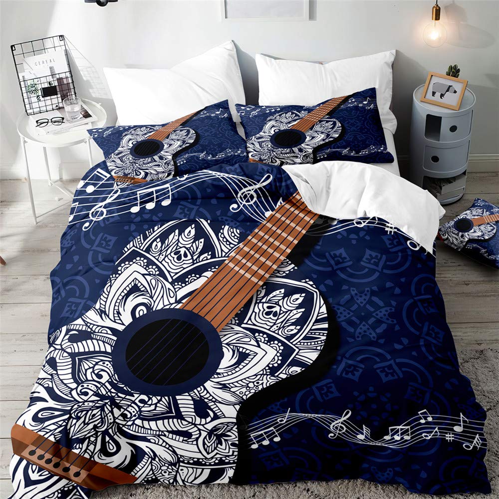 Surwin Men's Vintage Bedding Set Microfiber 3Pcs For Double Single Size, 3D Guitar Duvet Cover Set With Music Printing Quilt Cover & 2 Pillowcases For King Super King Adult Kids (,Single 135X200cm)