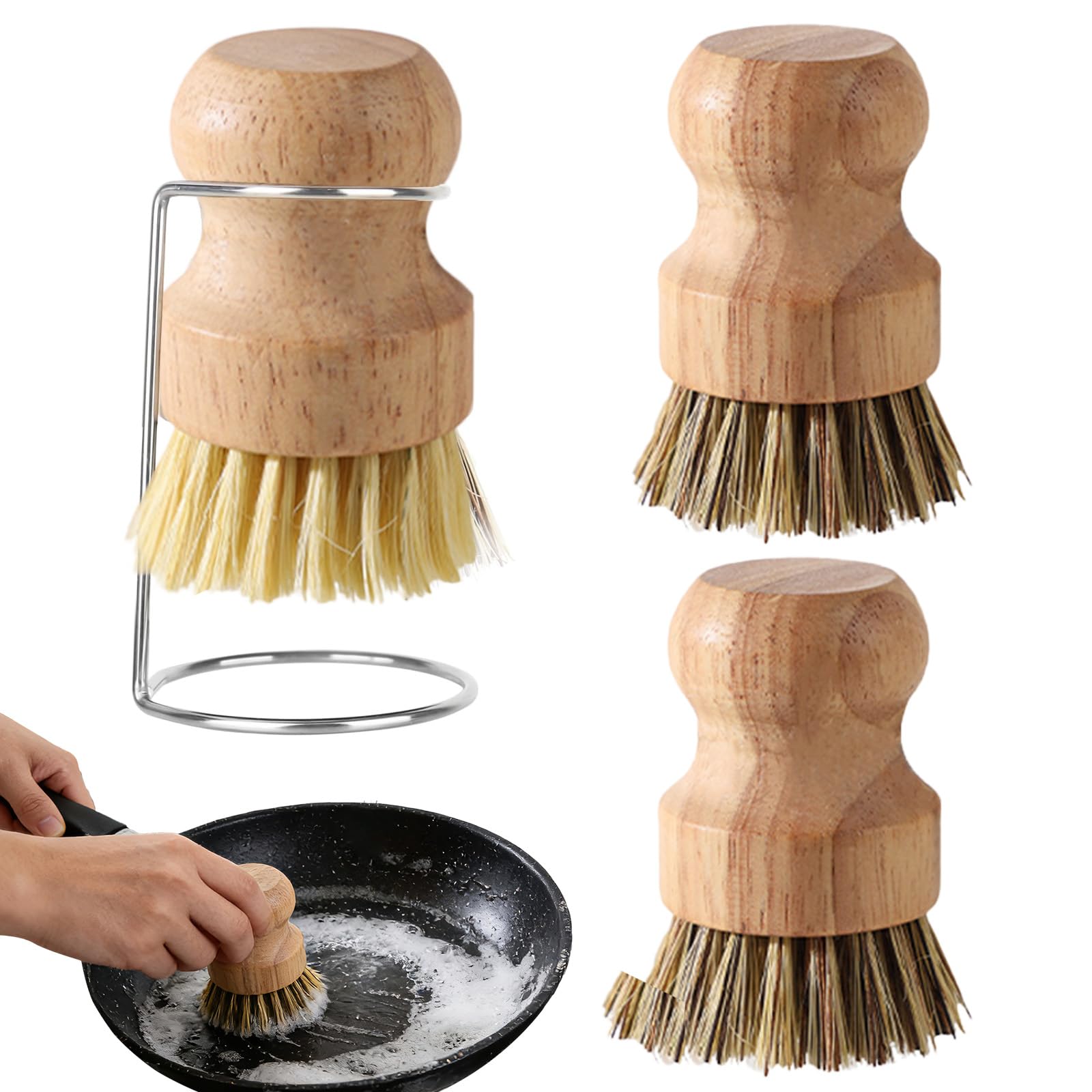 Bamboo Palm Brush, 3PCS Wooden Dish Brush with 1 Drain Racks, Kitchen Cleaning Scrubbing Brushes, Natural Wood Fibre Dish Brush for Washing Dishes Pots Pans & Sink