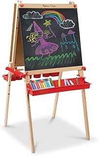 Deluxe Magnetic Standing Art Easel with Chalkboard, Dry-Erase Board, and 39 Letter and Number Magnets - FSC Certified