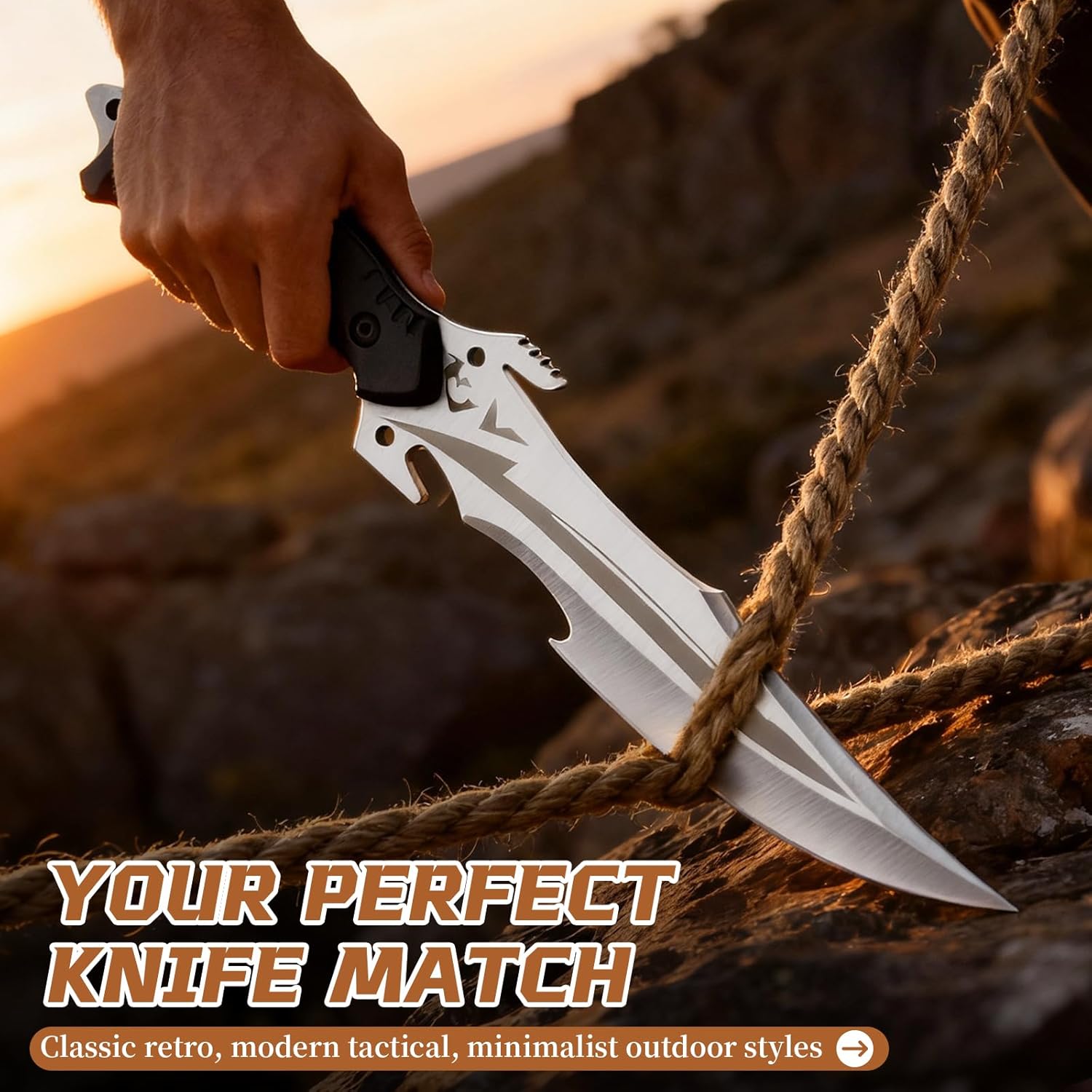 Purple Dragon Fixed Blade Knife with Sheath, Full Tang Survival Knife, Silver Bushcraft Knives for Outdoor Camping, Hiking, Gift for Men