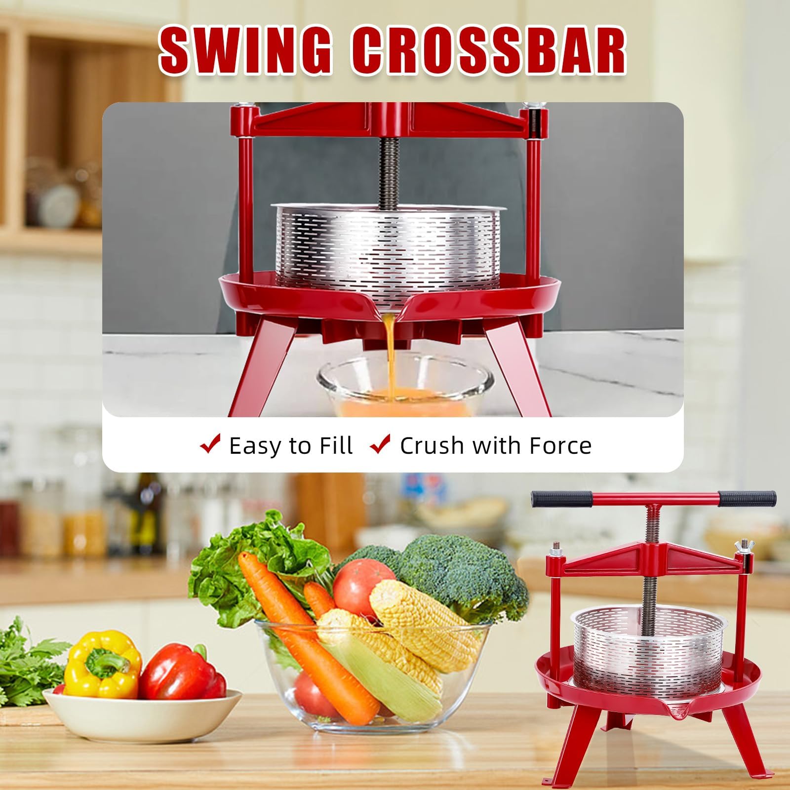 Manual Fruit Wine Press 1.32 Gal, Stainless Steel Fruit and Wine Press With T-Handle, Stable Triangular Structure, Wine Making Press for Outdoor, Kitchen