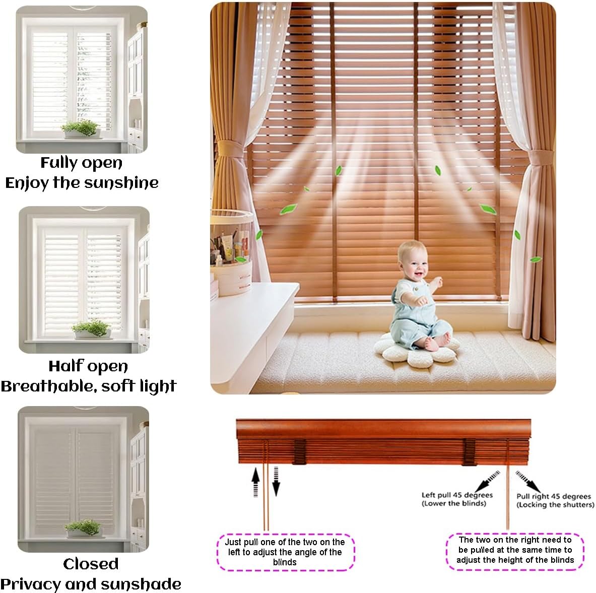 Blinds for Windows,Blackout Cordless Natural Wooden Shades for Living Room, 13"-75" Wide, Horizontal Privacy Shutters for Patio Office,Heat Insulation Venetian Blinds(Light Brown)