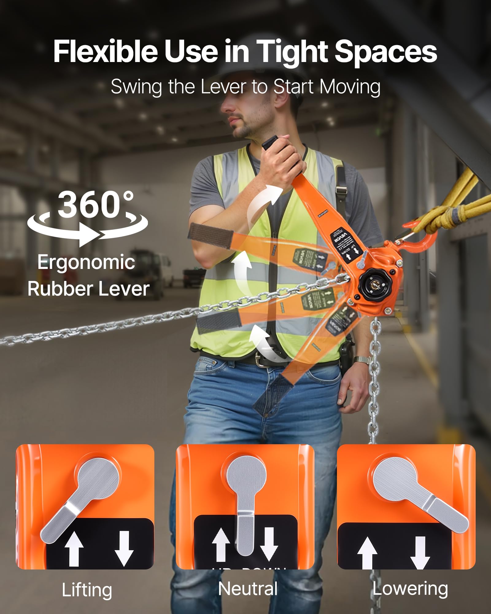 VEVOR Hebelzug, 1,5 T Kapazität, Handkettenzug, 3 m Hub, G80-Stahllegierungskette mit mechanischer Doppelsperrklinkenbremse, Hebezug 360° drehbare Haken, Ratschenzug für Lagerhaus, Bau, Garage