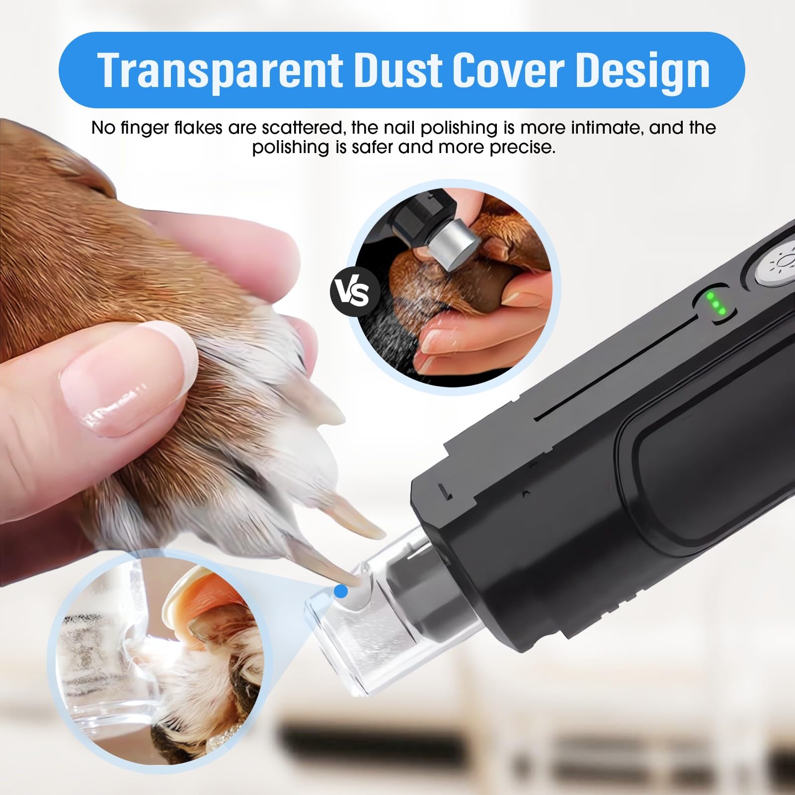 Lima de Uñas para Perros,Eléctrica Lima de Uñas Gatos y Perros de 3 Velocidadesm,Lima de Uñas Perros Silencioso con 2 LED&Tapa Antipolvo, Cuidado y Alisado de Patas para Perros y Gatos