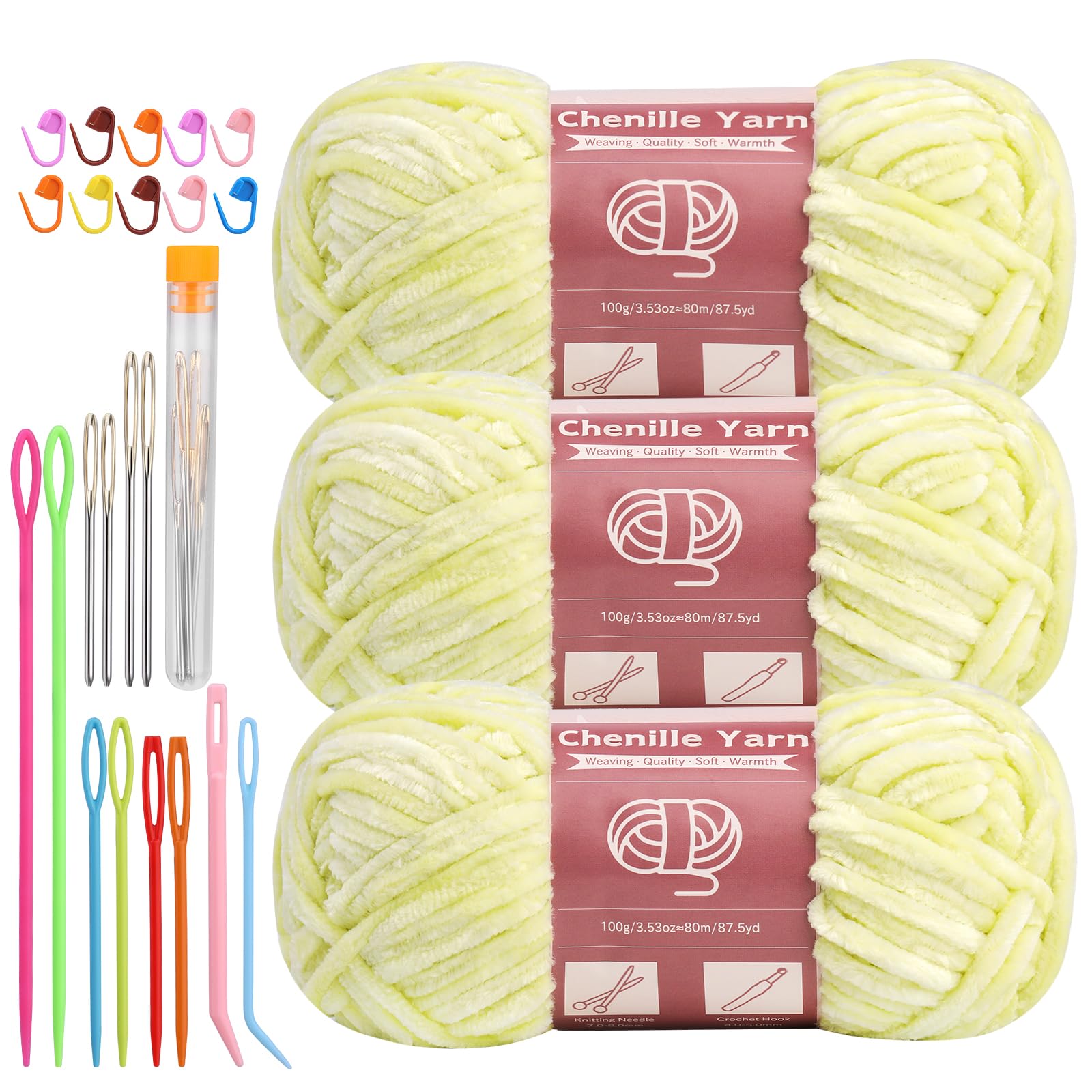 LUNARM Chenille Yarn 3 Pack 3.5oz Chunky Blanket Velvet Yarn 263 Yard | Light Yellow Chunky Chenille Yarn for Beginners Crocheting Hand Knitting Scarves with Big Eye Needles Machine Washable