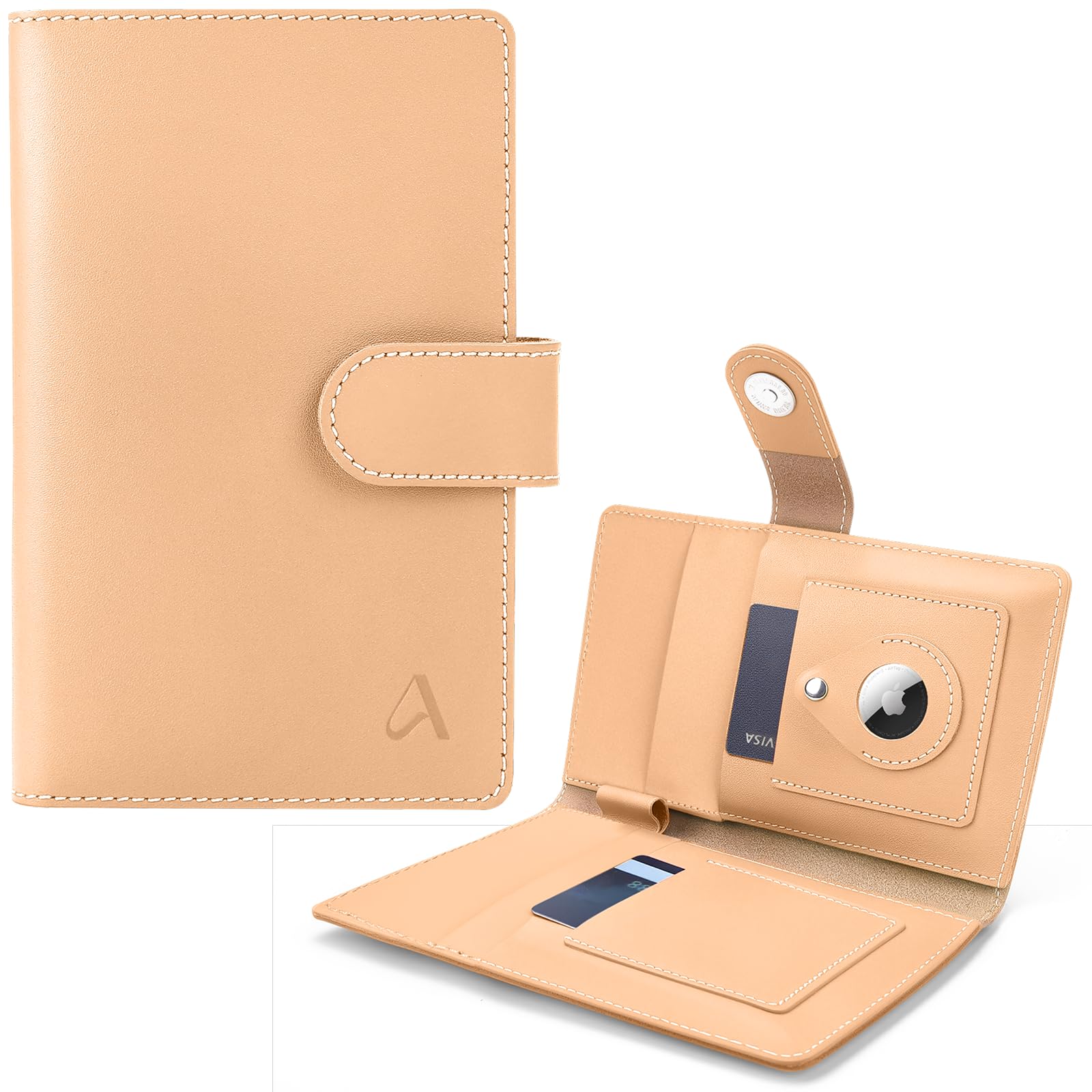 ALLIVE Porta passaporto per viaggi e famiglia, portafoglio passaporto in vera pelle con slot AirTag, blocco RFID, organizer per documenti da viaggio per donne e uomini, elementi essenziali per