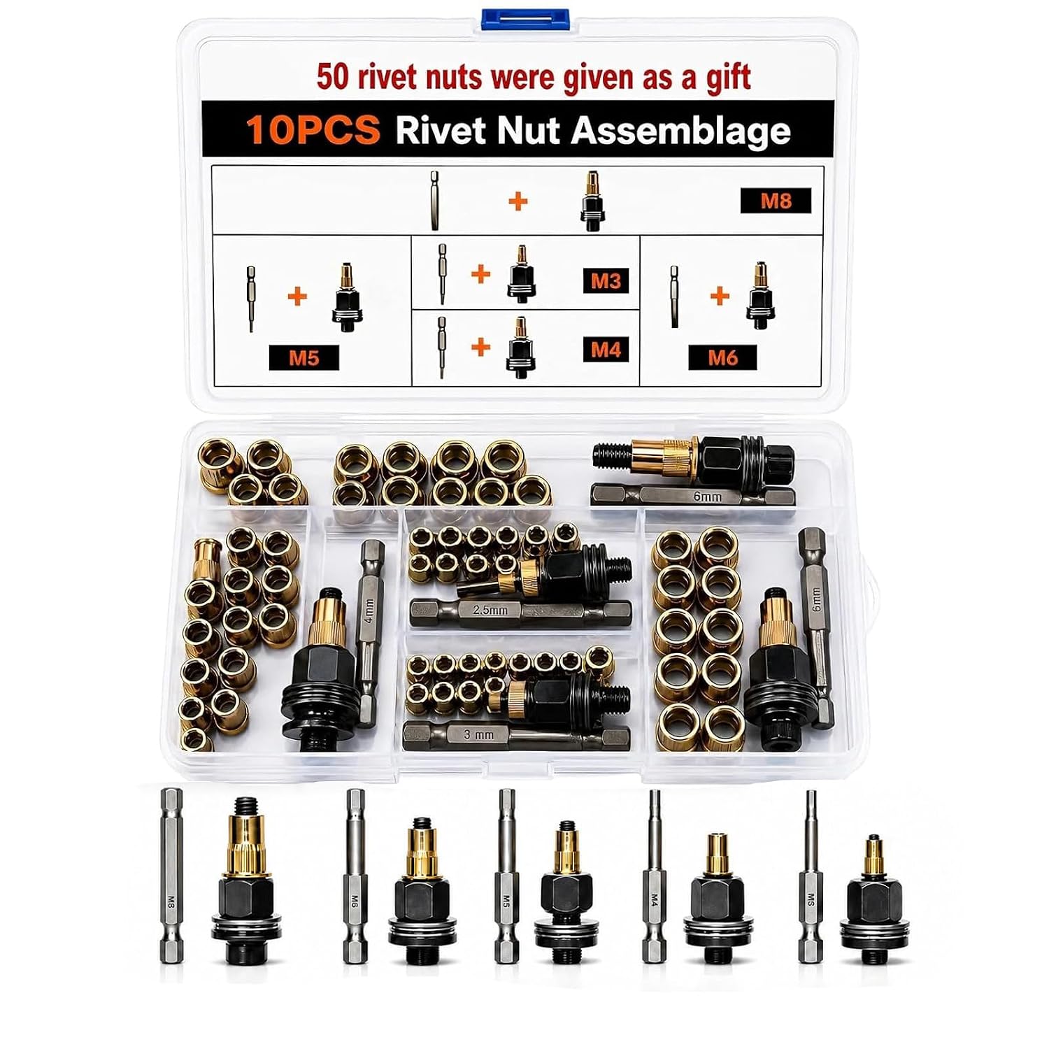 2026 New Carbon Steel Rivet Nut Tool Set M3 M4 M5 M6 M8,Durable Head Rivet Nut Tool Kit for Metal Pipes Automotive Industrial Applications,Manual Wrench or Drill Use,1set