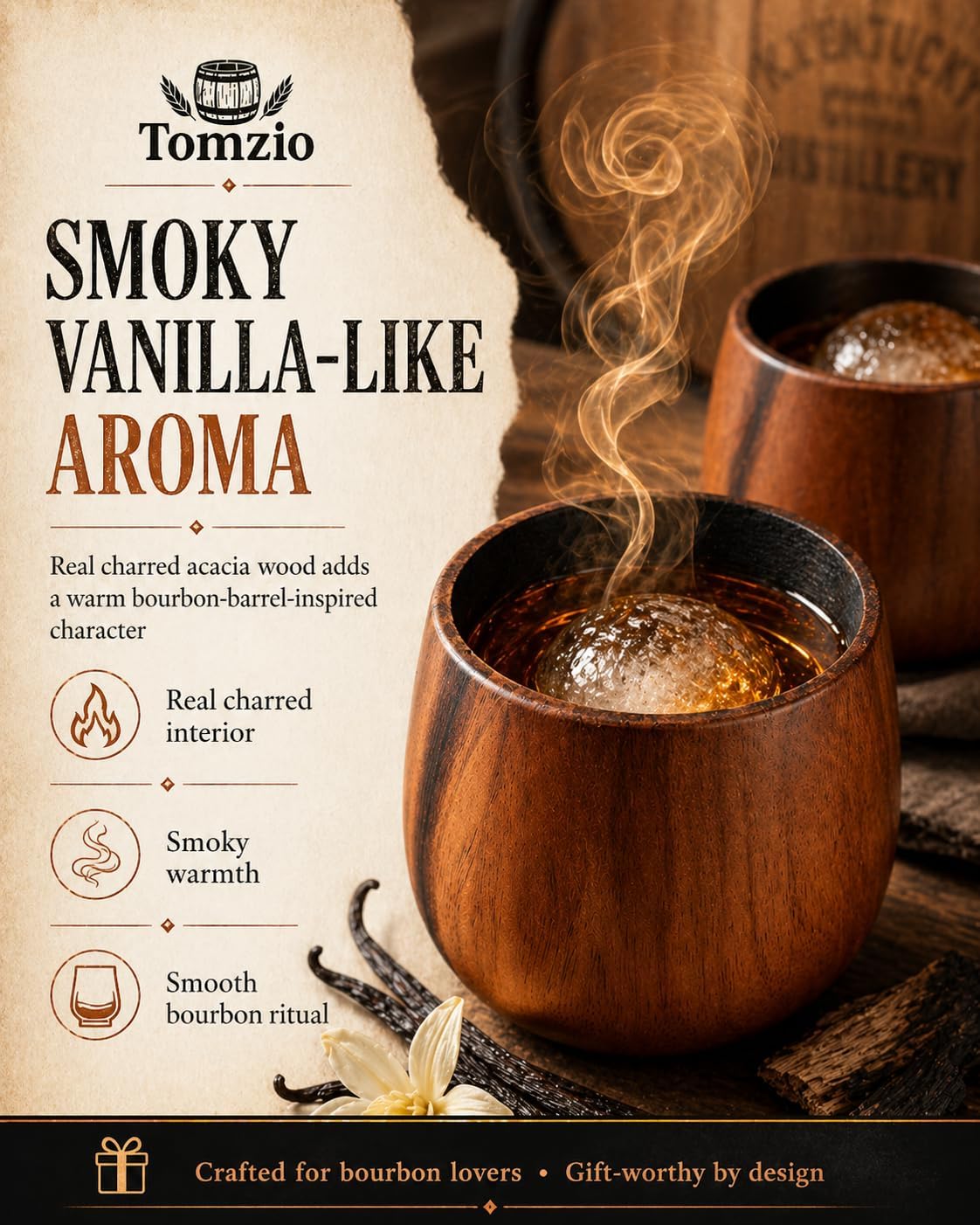 Charred Wooden Bourbon Drinking Glass Set of 2,11oz Handcrafted Premium Acacia Whiskey Tumbler,4 Stones & 2 Ice Ball Molds,Charred Old Fashioned Glass,Unique Bourbon Gifts for Men